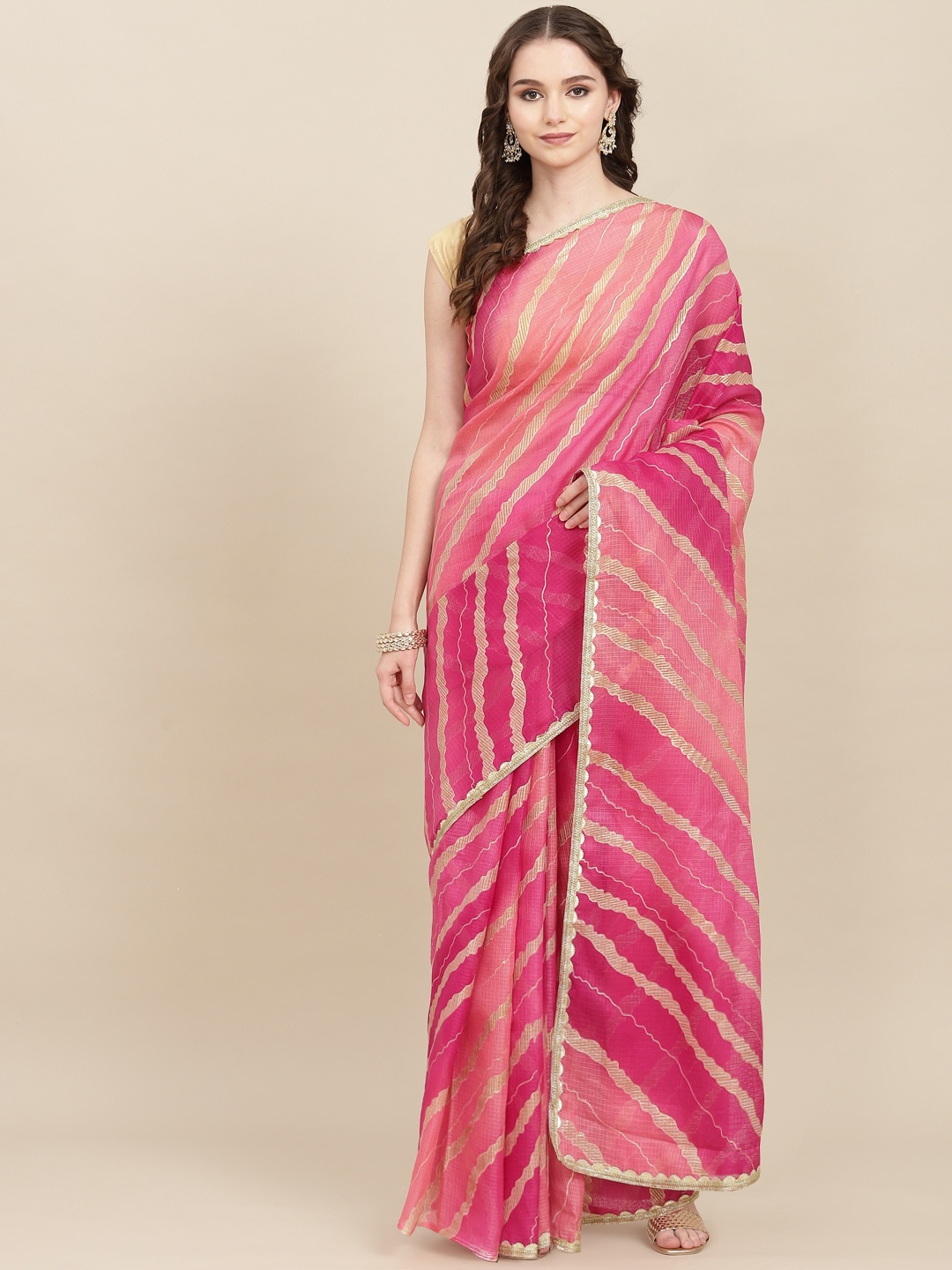 

Yufta Pink & Gold-Toned Leheriya Gotta Patti Kota Saree