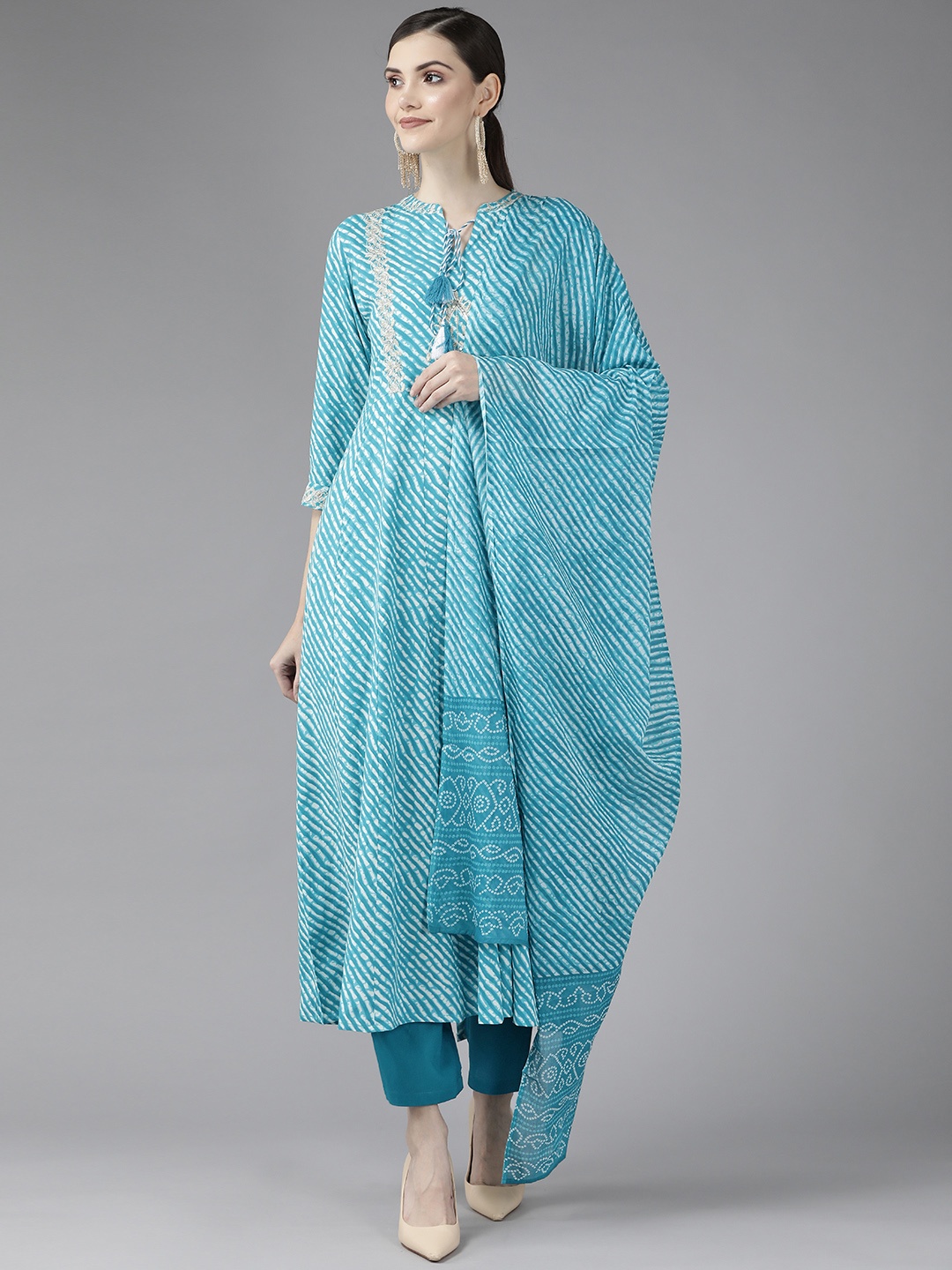 

Yufta Women Blue & White Leheriya Sequinned Kurta with Trousers & With Dupatta