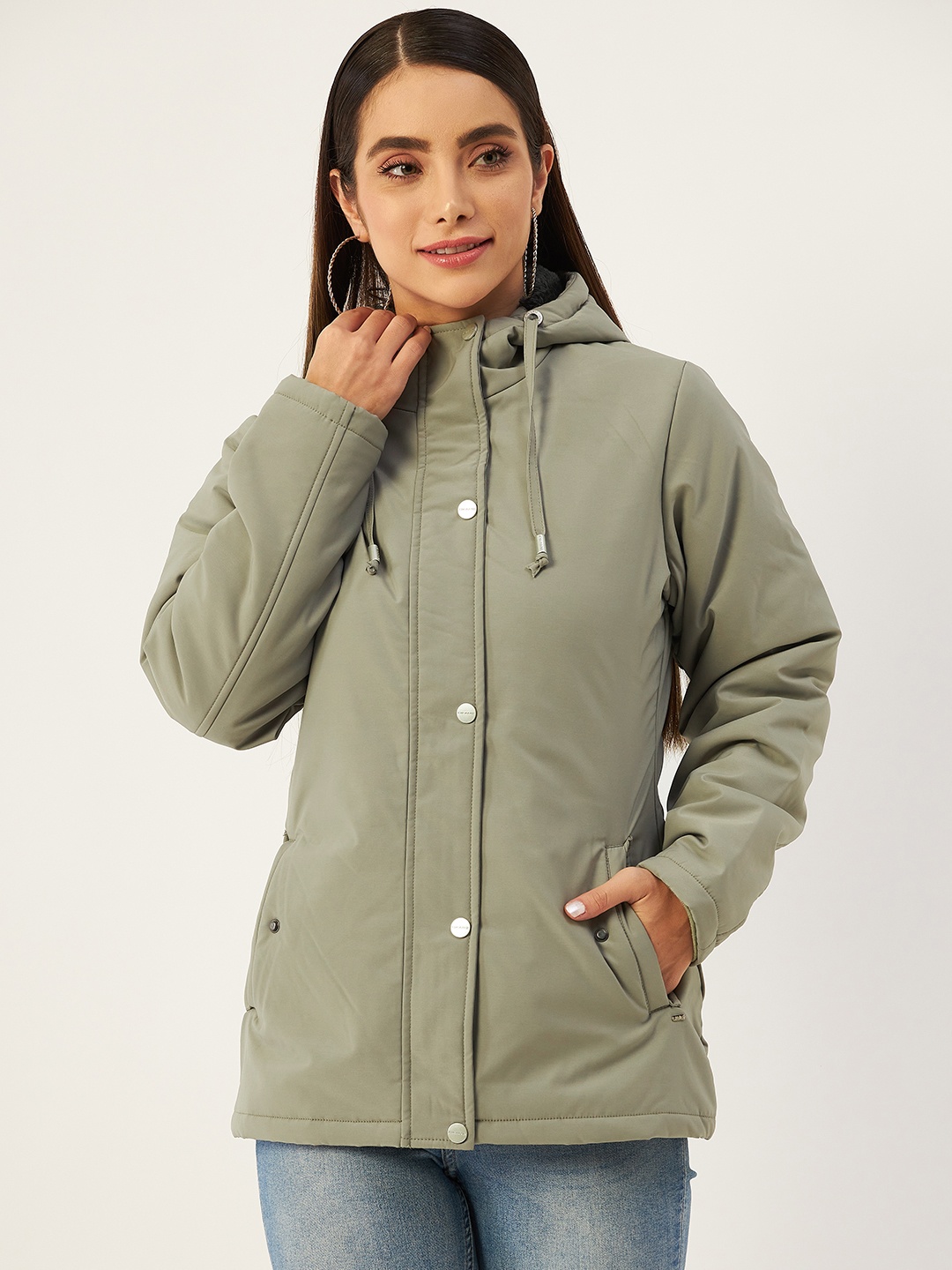 

Okane Women Sage Green Solid Hooded Padded Jacket