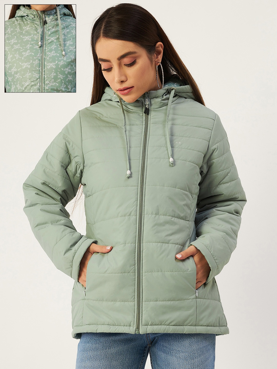

Okane Women Green & White Printed Reversible Padded Jacket