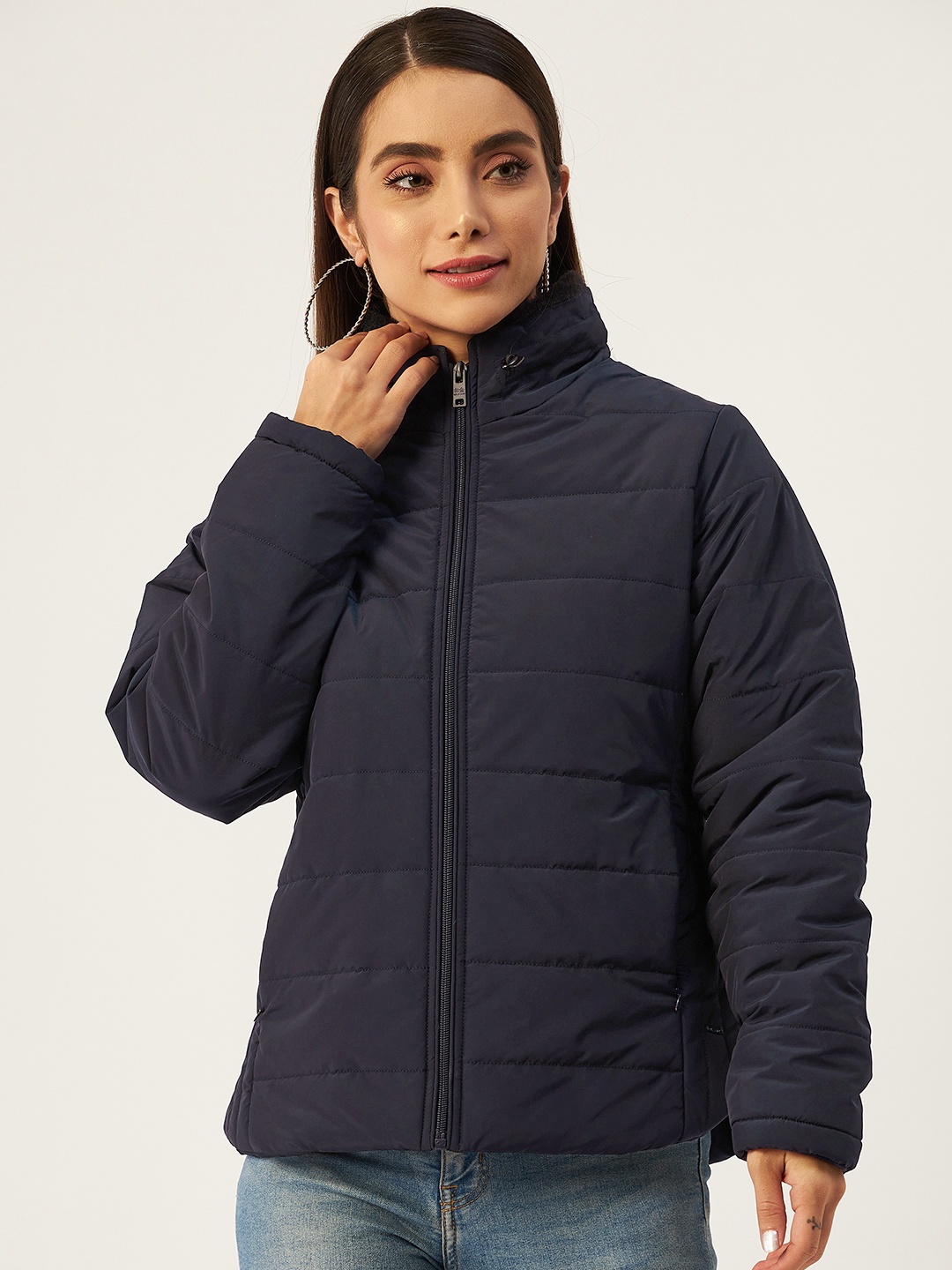 

Okane Women Navy Blue Solid Padded Jacket