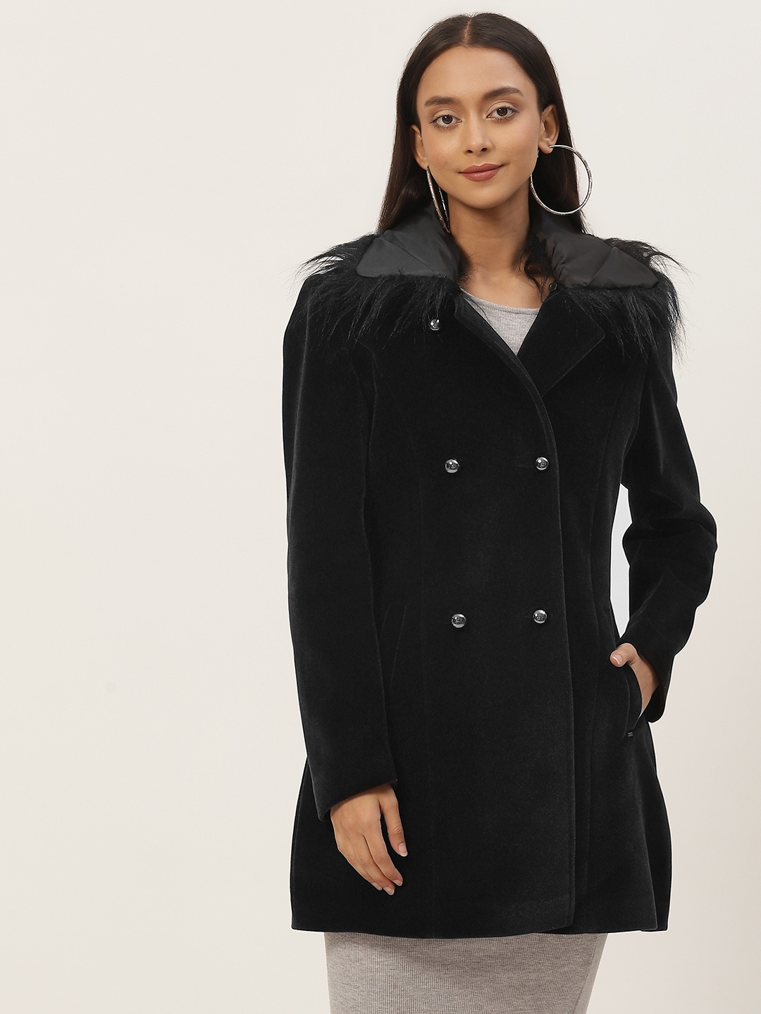 

Okane Women Black Solid Suede Faux Fur Trim Longline Overcoat