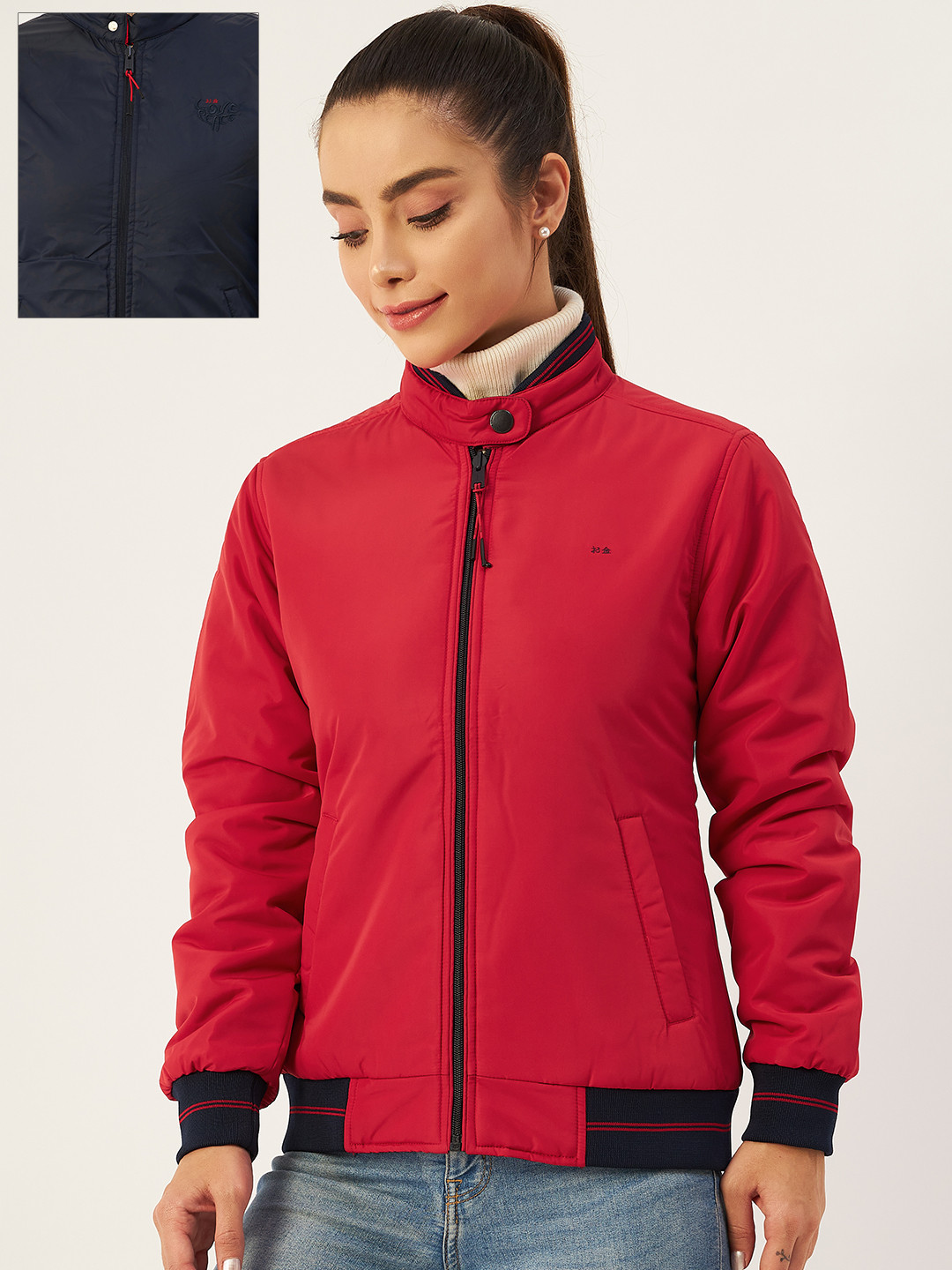 

Okane Women Red & Navy Blue Reversible Bomber Jacket