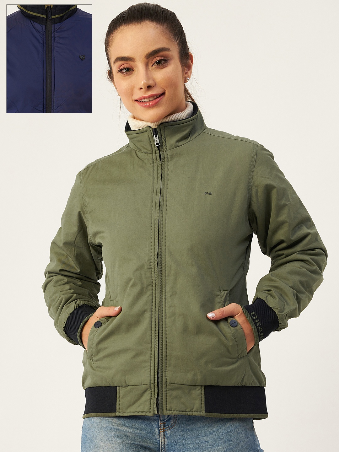 

Okane Women Olive Green & Navy Blue Reversible Padded Jacket
