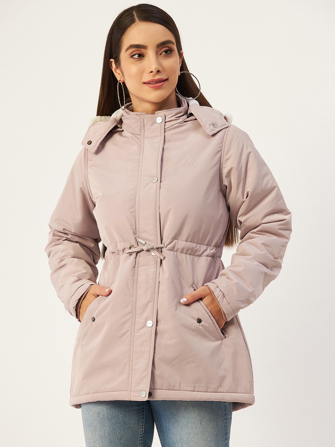 

Okane Women Pink Longline Padded Jacket with Detachable Hood