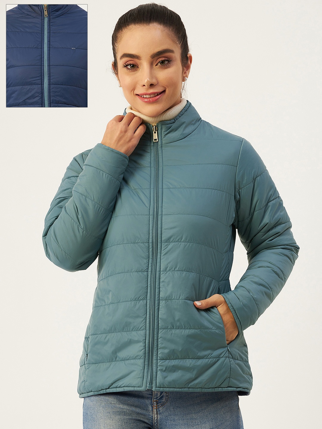 

Okane Women Blue Solid Reversible Bomber Jacket