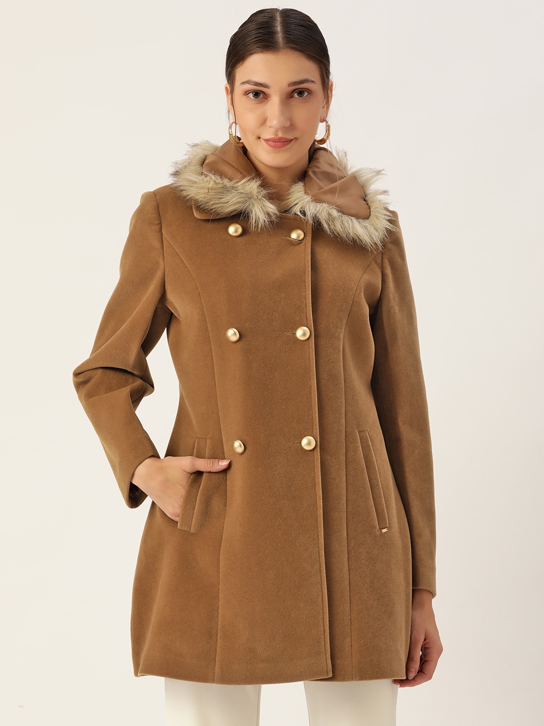 

Okane Women Brown Solid Faux Fur Trim Double-Breasted Suede Longline Overcoat