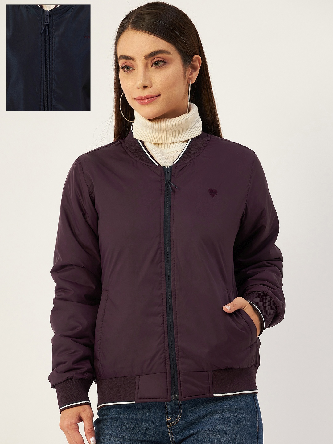 

Okane Women Burgundy & Navy Blue Reversible Bomber Jacket