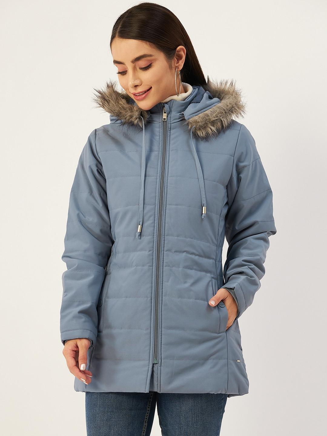 

Okane Women Blue Longline Parka Jacket with Detachable Hood