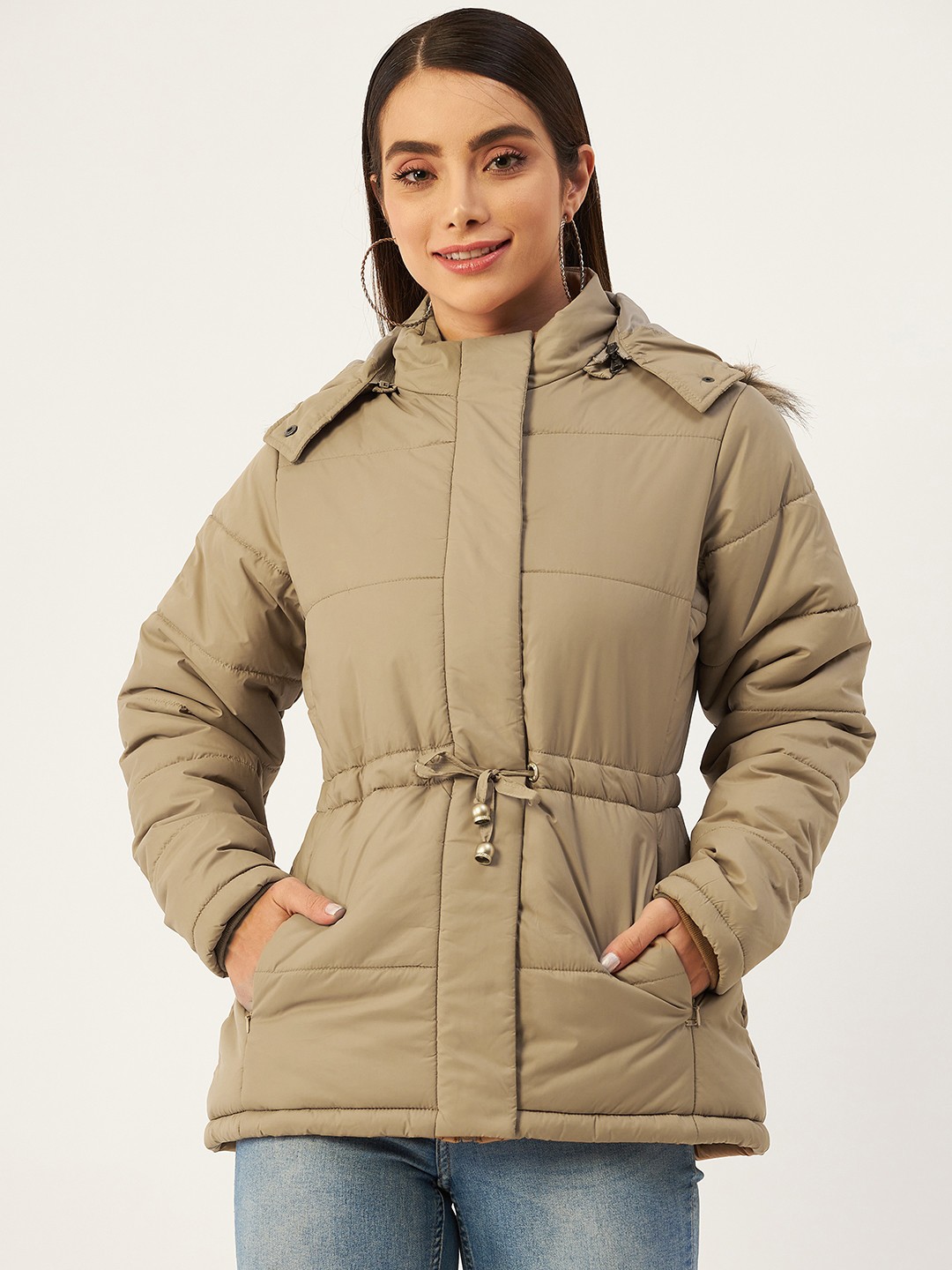 

Okane Women Beige Parka Jacket with Detachable Hood