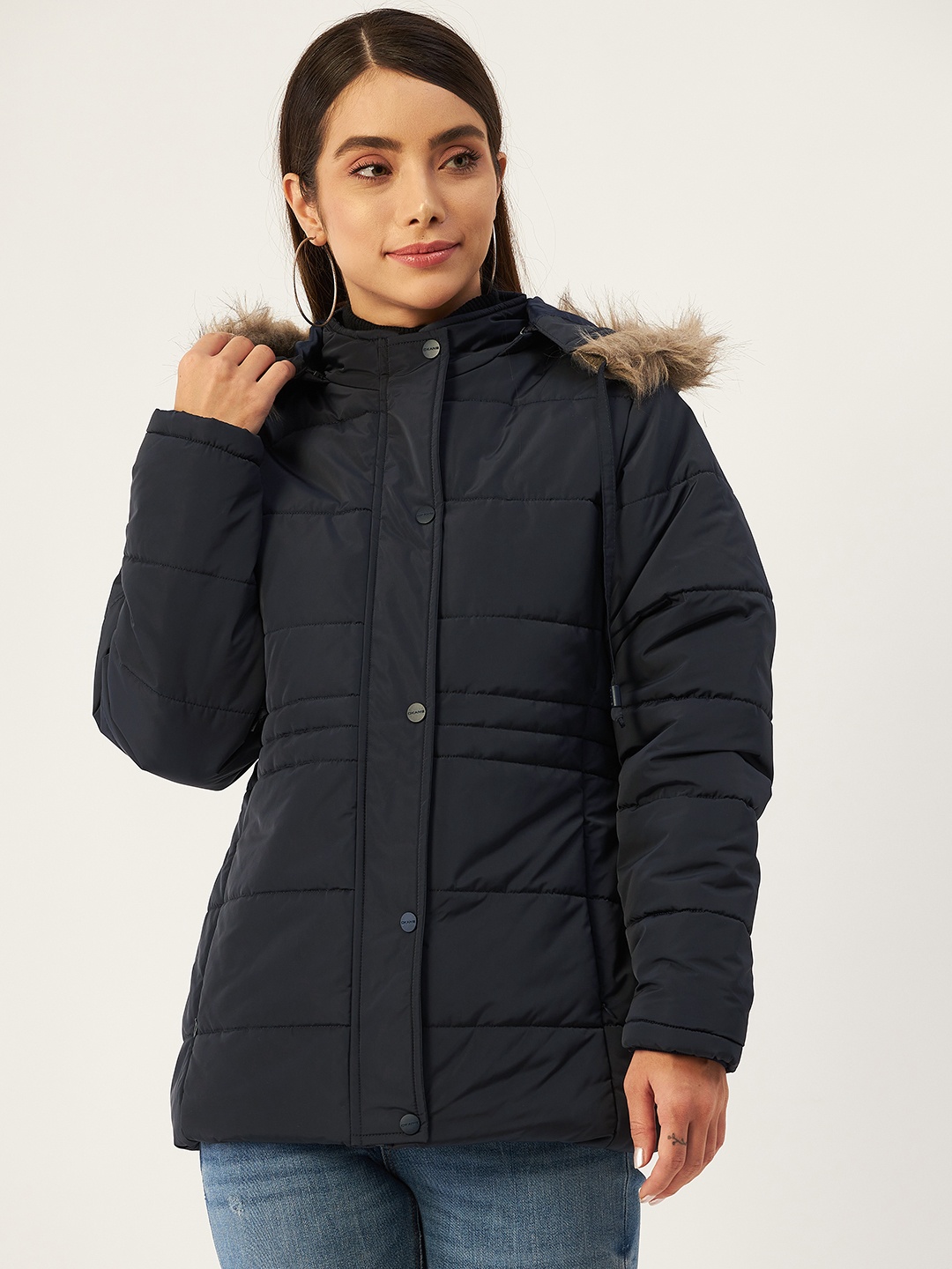 

Okane Women Navy Blue Hooded Parka Jacket