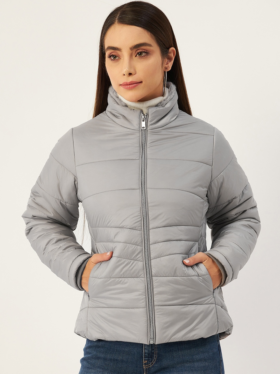 

Okane Women Grey Solid Woven Padded Jacket