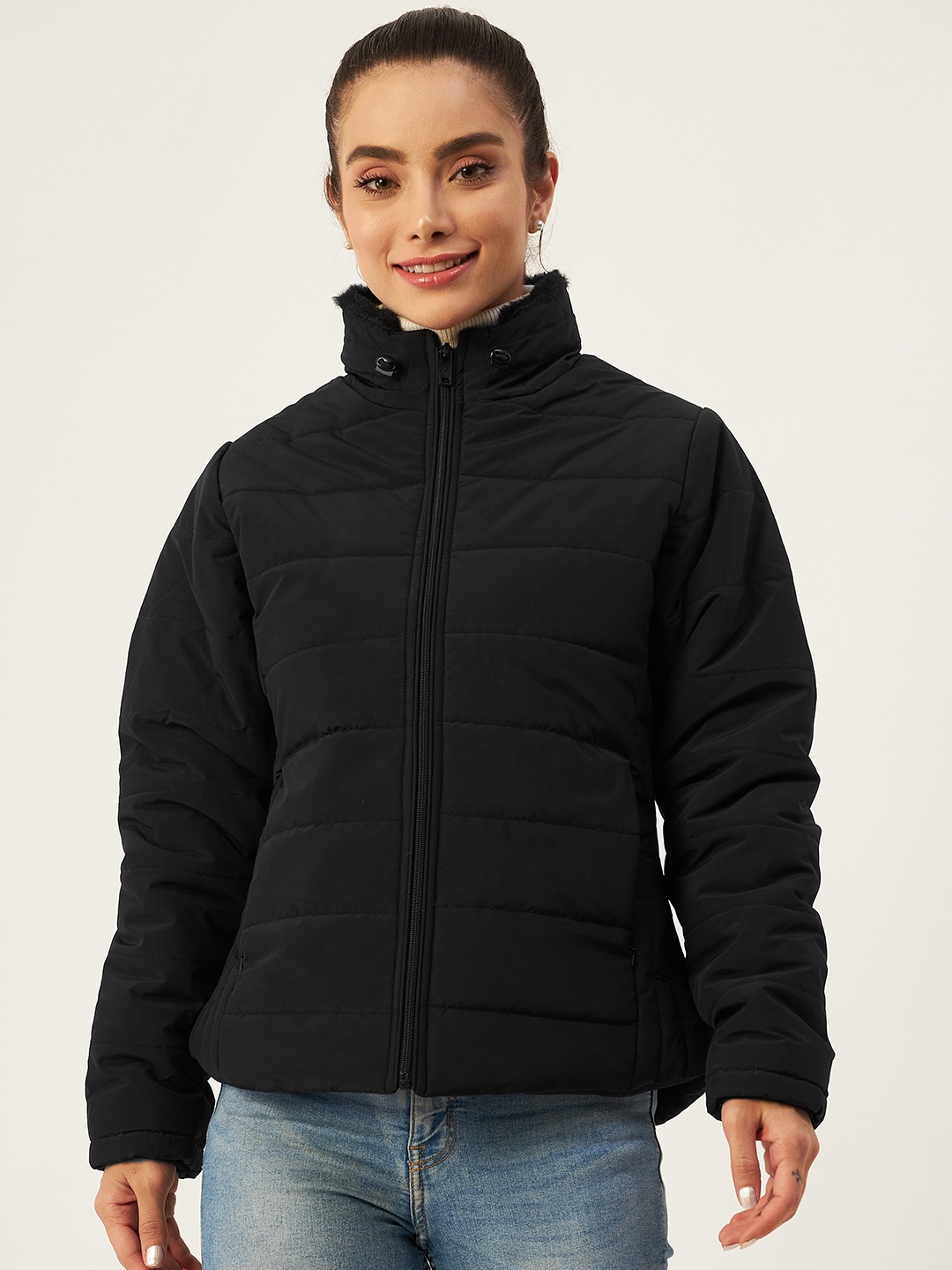 

Okane Women Black Solid Woven Padded Jacket