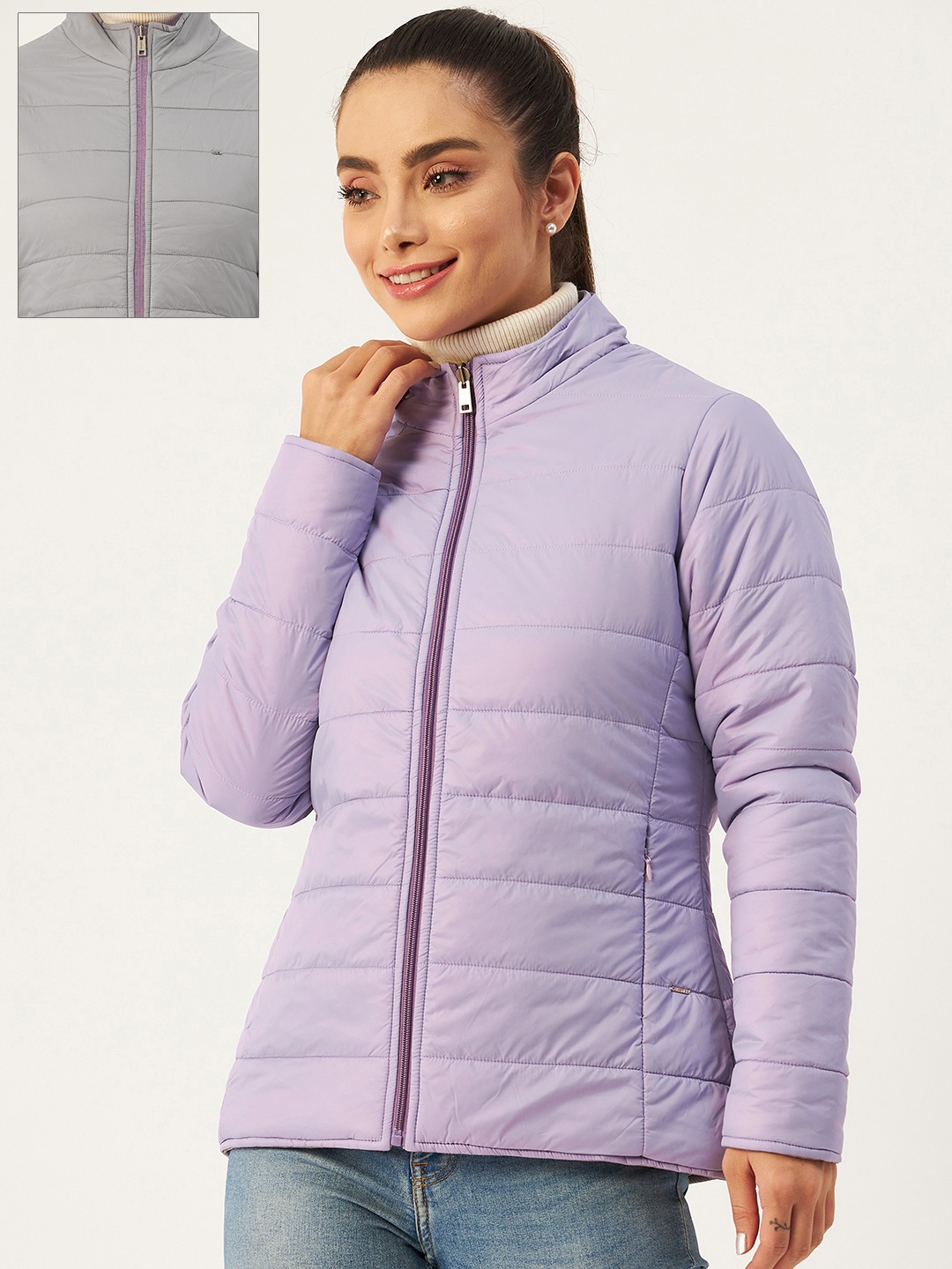

Okane Women Lavender & Grey Reversible Bomber Jacket