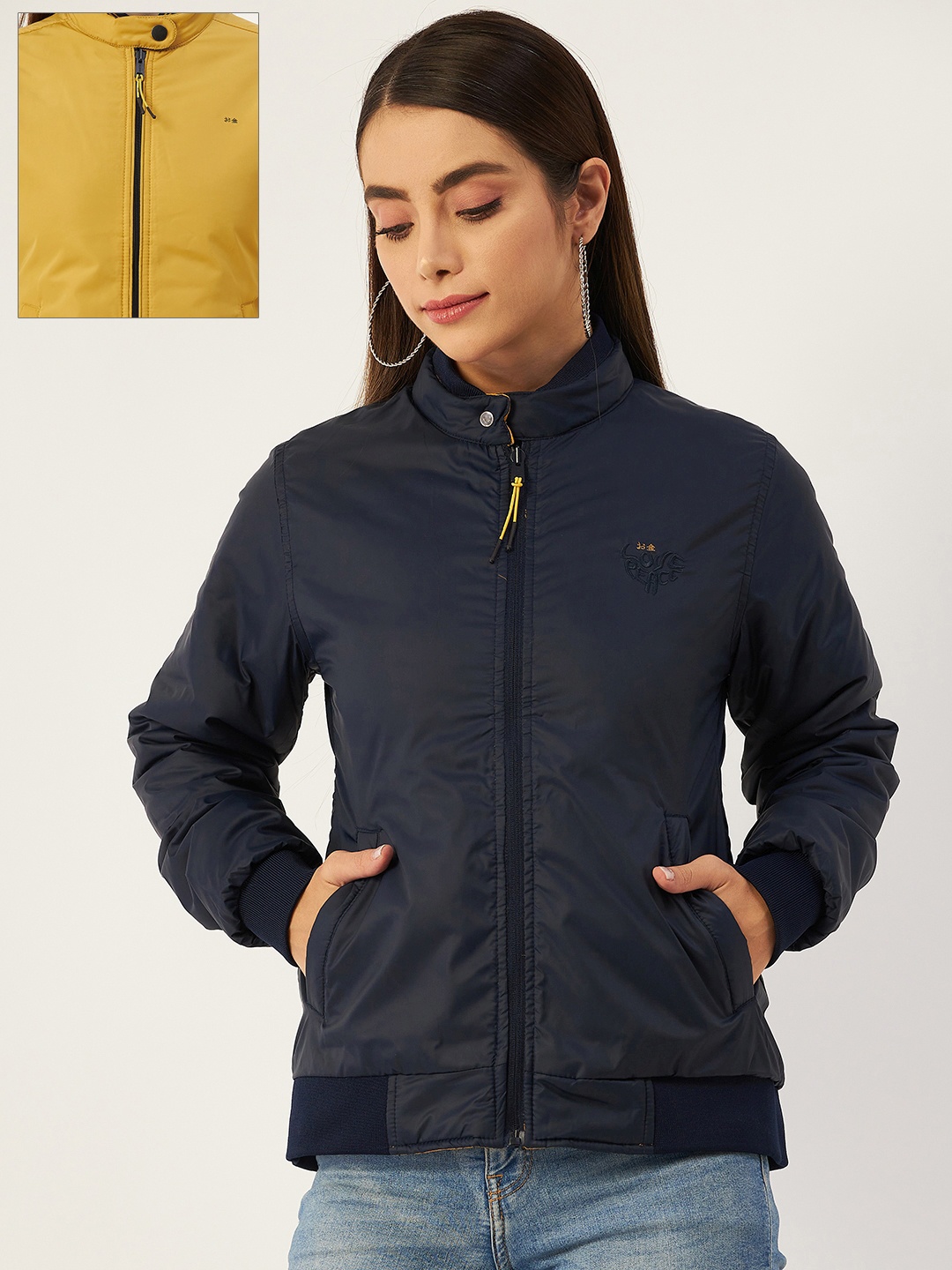 

Okane Women Navy Blue & Mustard Yellow Reversible Padded Jacket