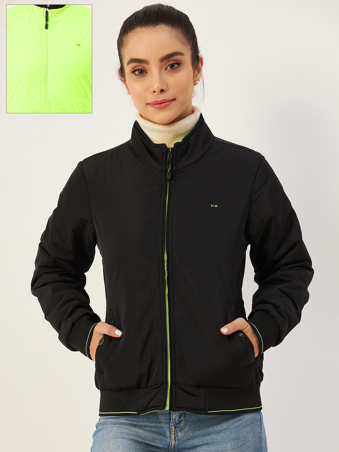 

Okane Women Black & Fluorescent Green Solid Reversible Bomber Jacket