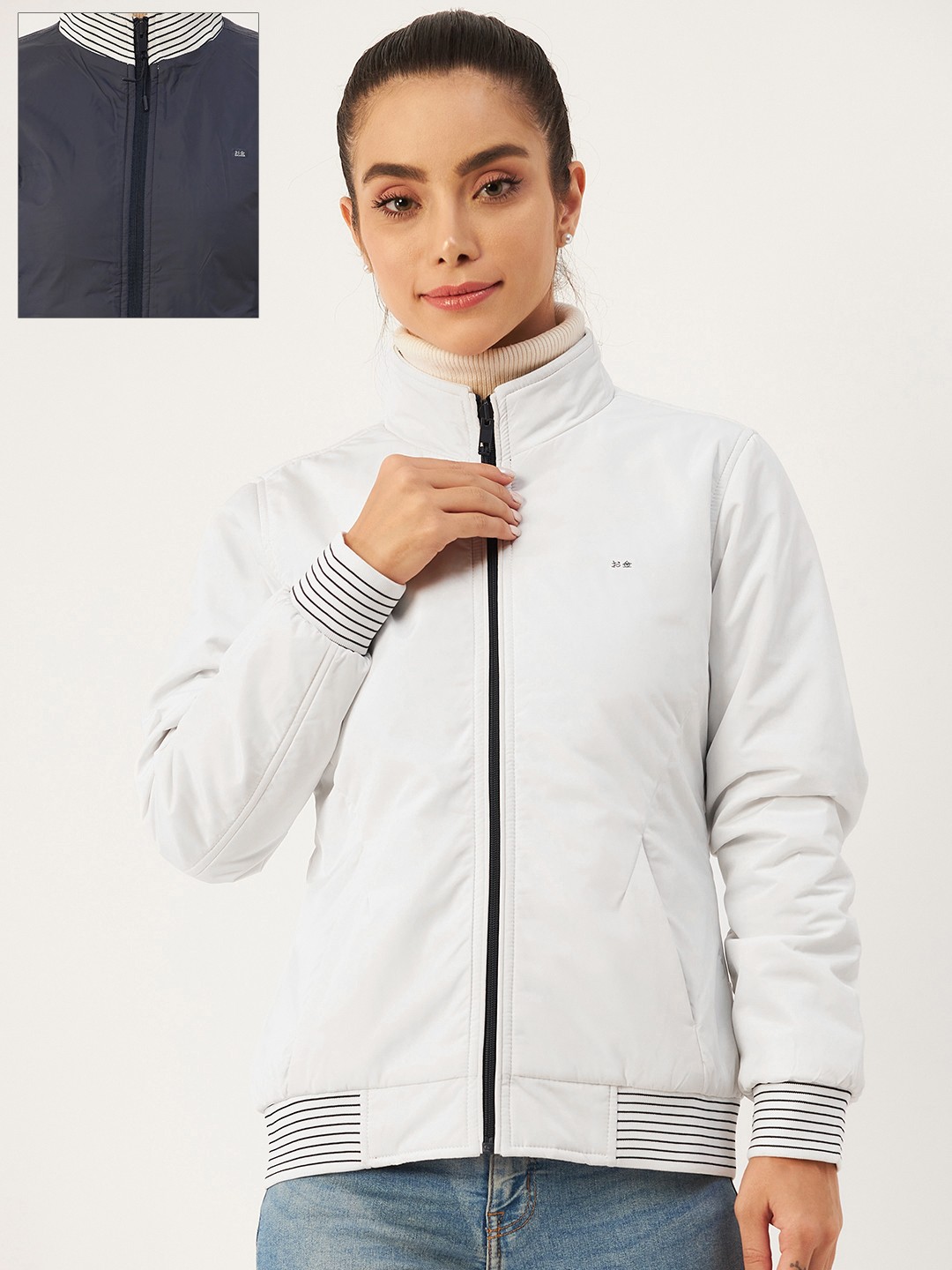 

Okane Women White & Navy Blue Reversible Bomber Jacket