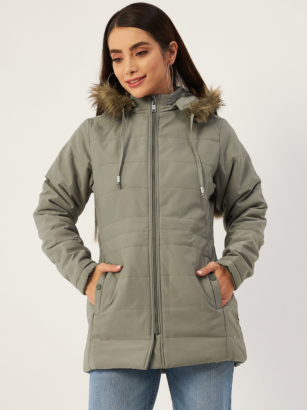 

Okane Women Olive Green Solid Hooded Parka Jacket