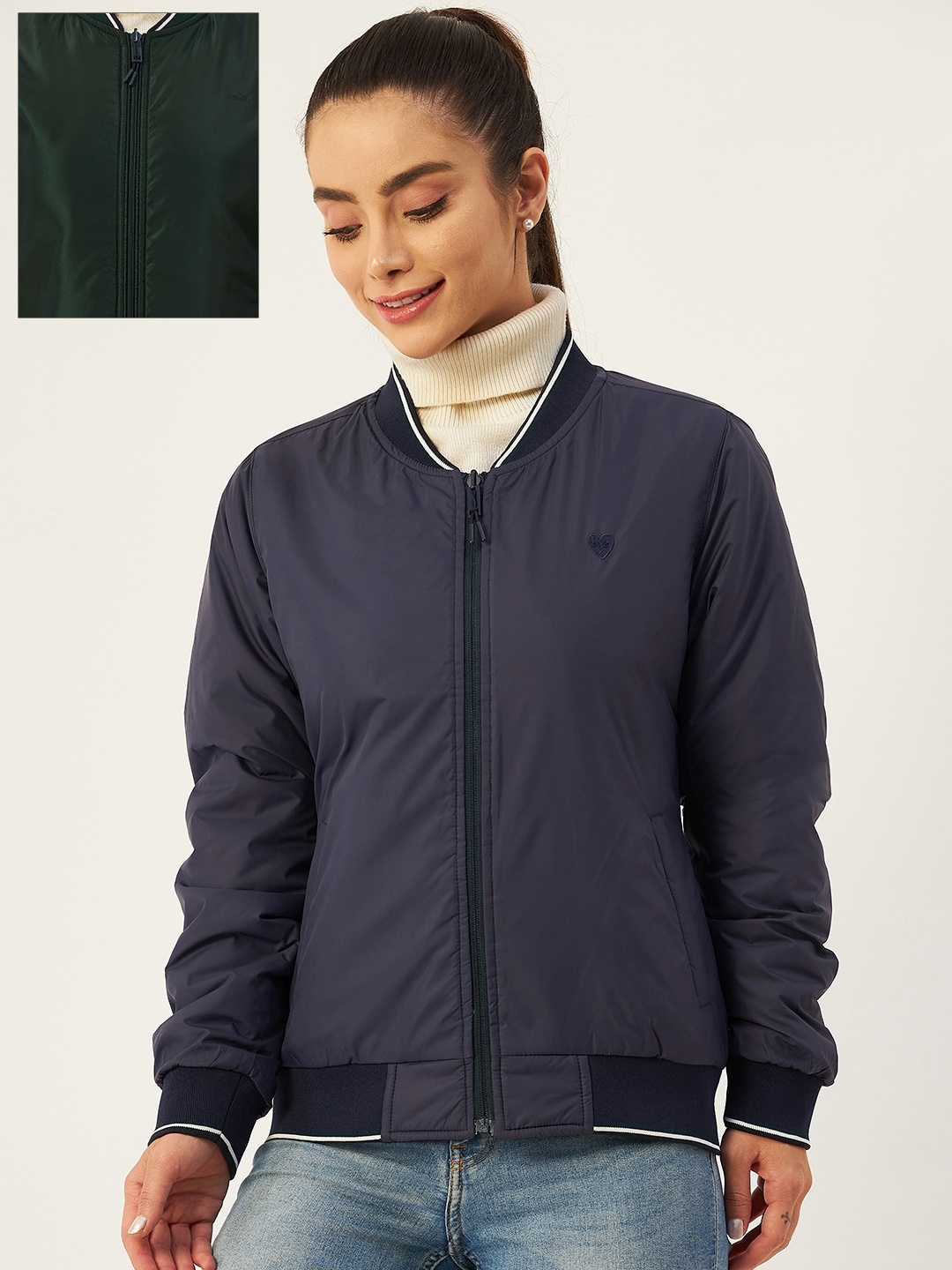 

Okane Women Navy Blue & Green Solid Reversible Bomber Jacket