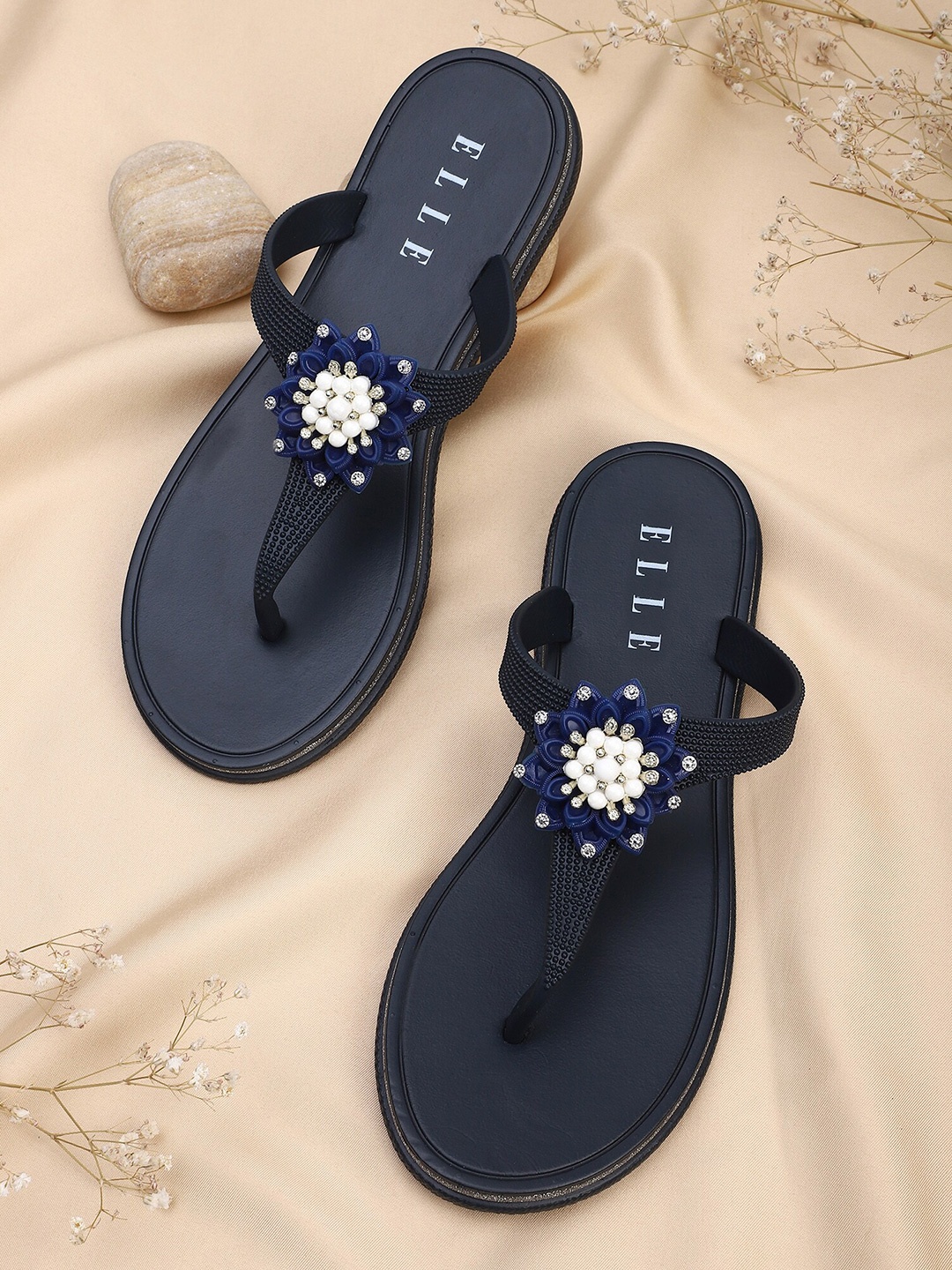 

ELLE Women Navy Blue & White Embellished Thong Flip-Flops