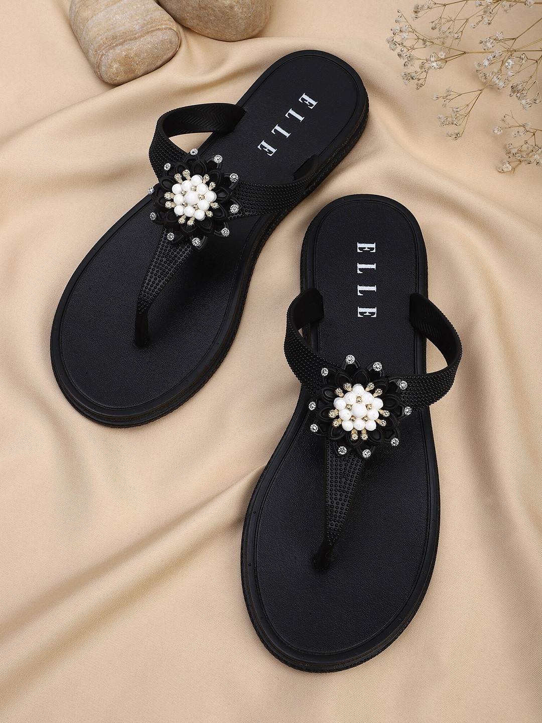 

ELLE Women Black Embellished Open Toe Flats