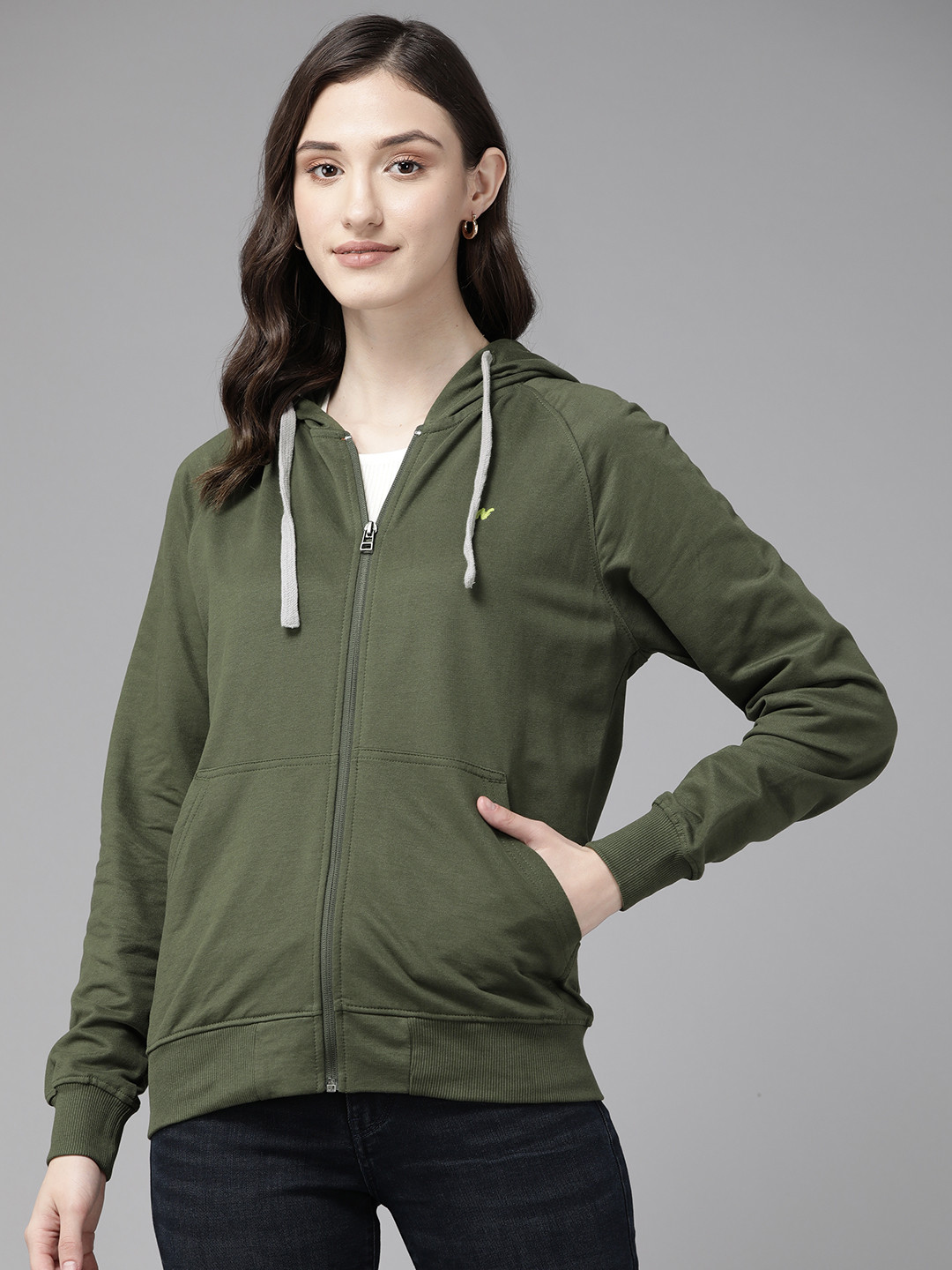 

Wildcraft Women Olive Green Pure Cotton Hooded Sweatshirt