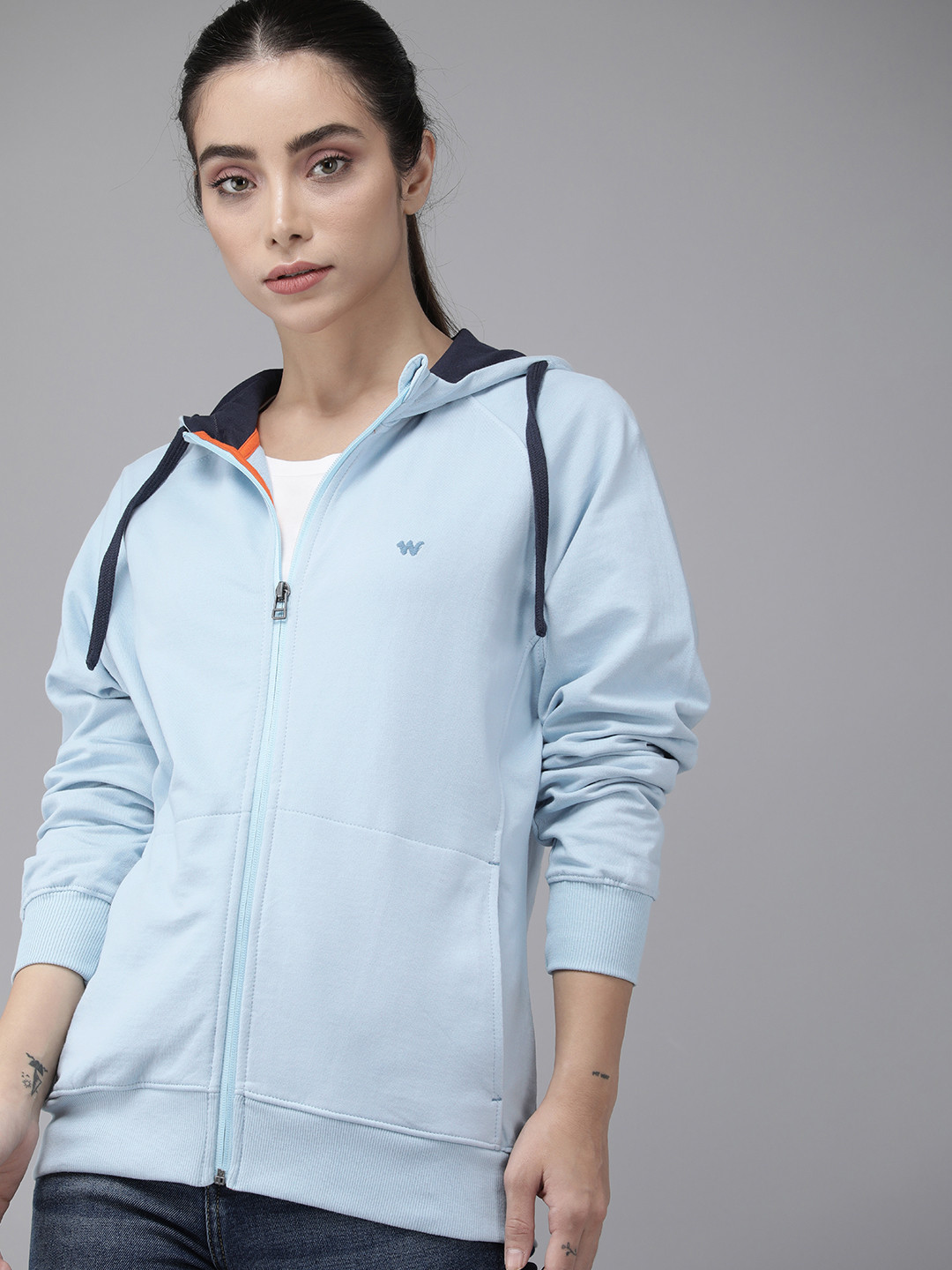 

Wildcraft Women Light Blue Solid Front-Open Hooded Sweatshirt