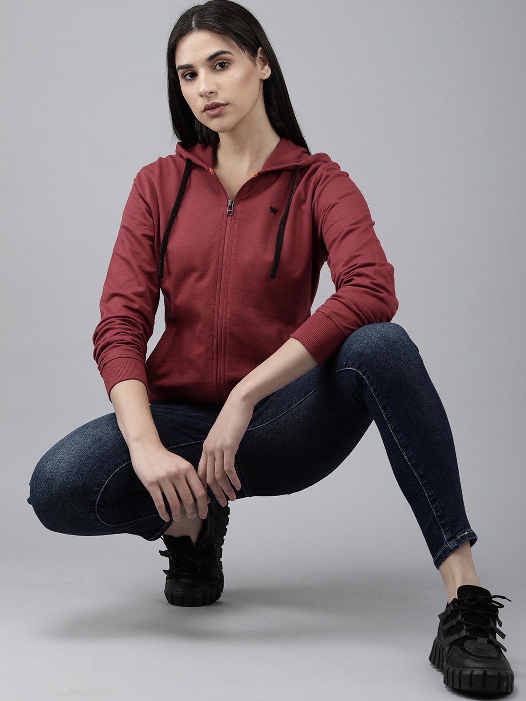 

Wildcraft Women Pure Cotton Front-Open Hooded Sweatshirt, Burgundy