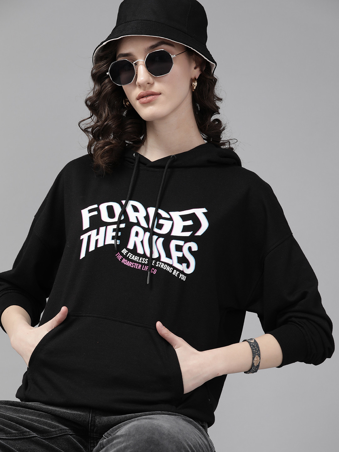 

The Roadster Lifestyle Co. Women Black Printed Hooded Sweatshirt