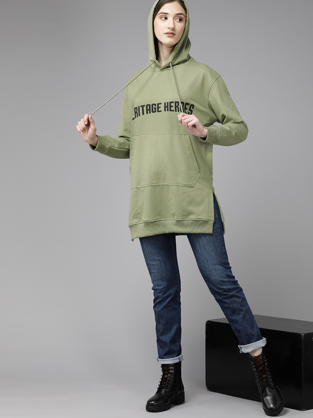 

The Roadster Lifestyle Co. Women Green Printed Hooded Longline Sweatshirt