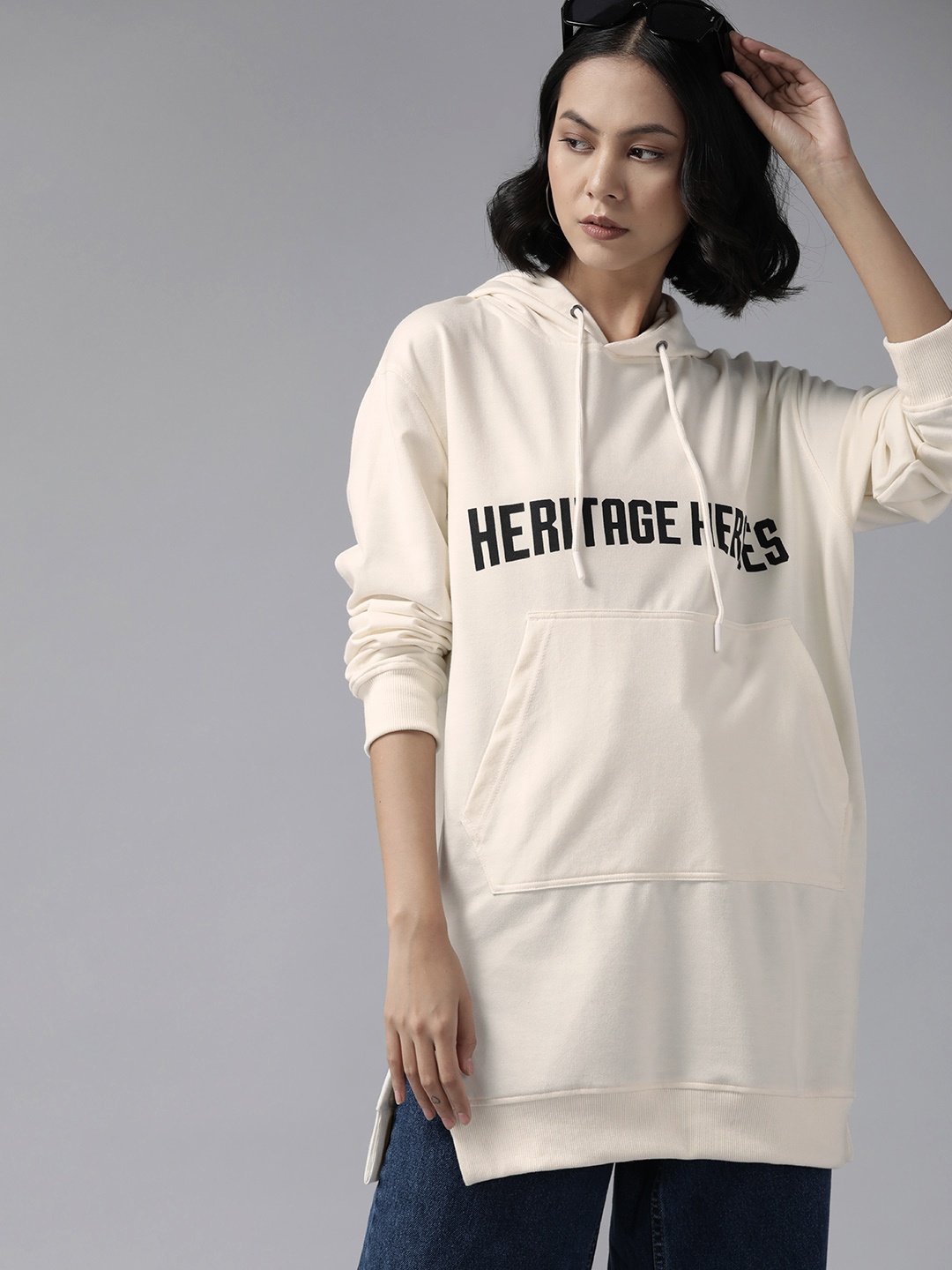

Roadster Women Printed Longline Hooded Sweatshirt, Off white