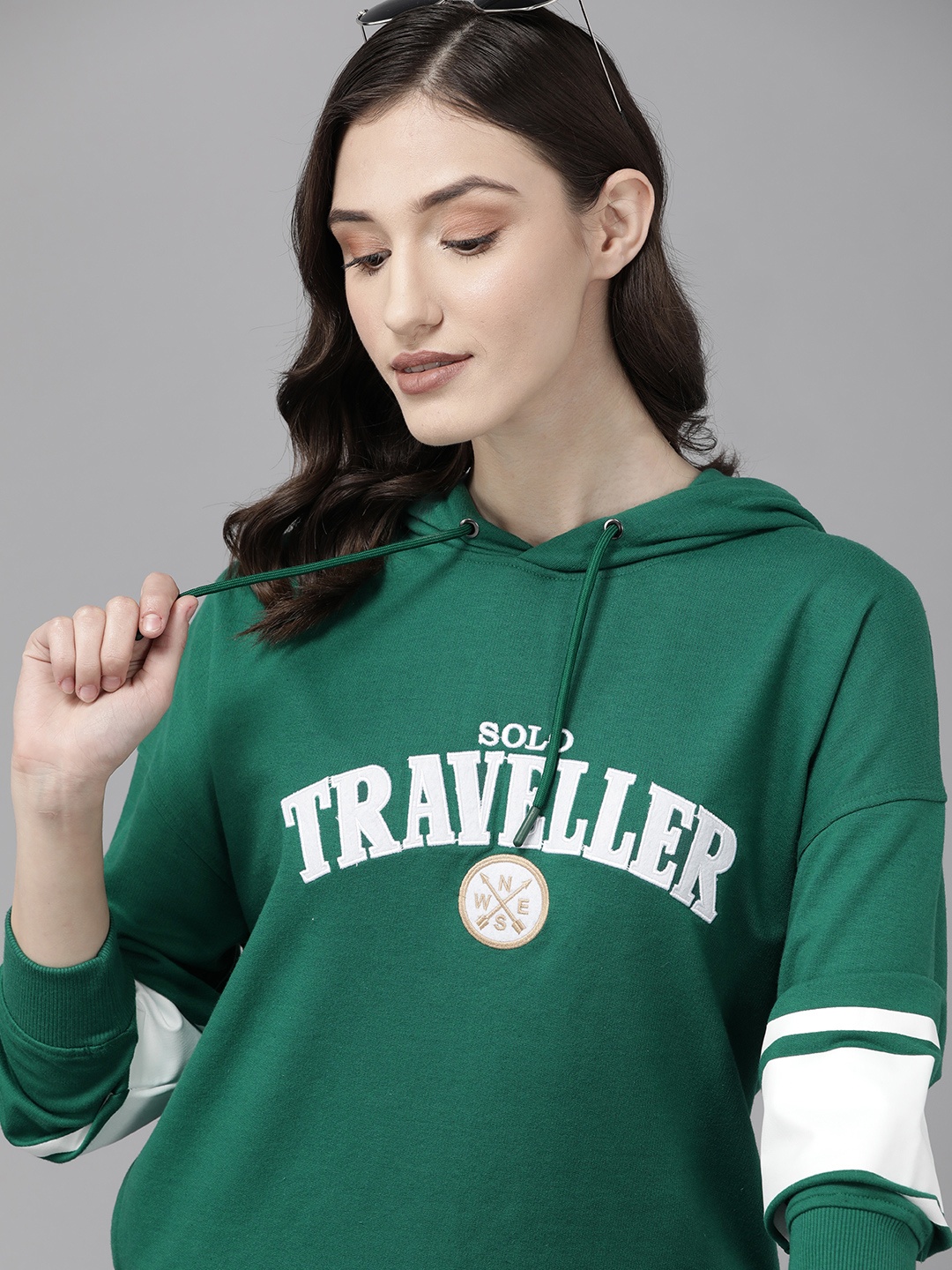 

The Roadster Lifestyle Co. Women Green & White Printed Hooded Sweatshirt