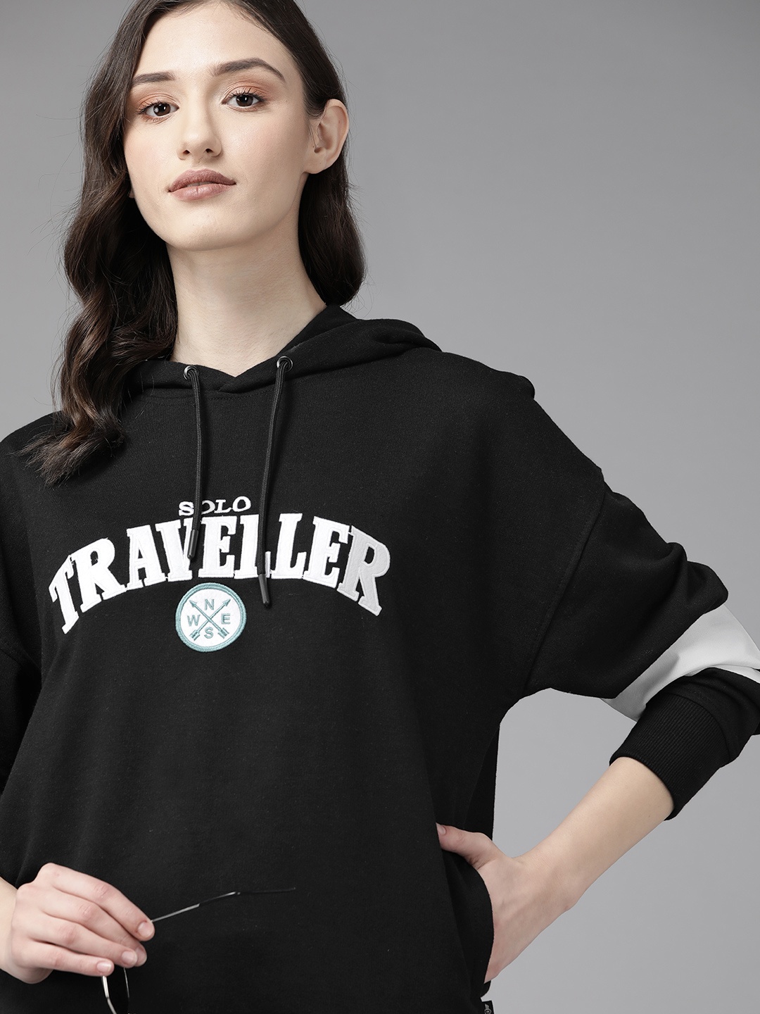 

The Roadster Lifestyle Co. Women Black & White Printed Hooded Sweatshirt