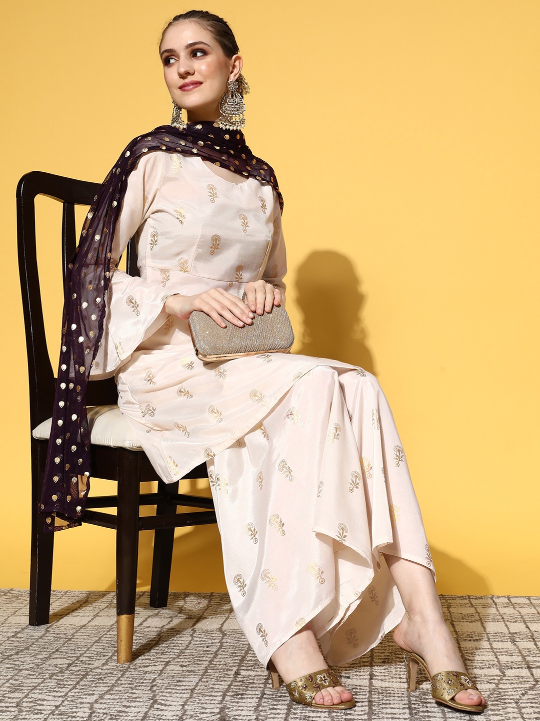 

HERE&NOW Women Ethnic Motifs Polyester Print Parade Kurta Set, Cream