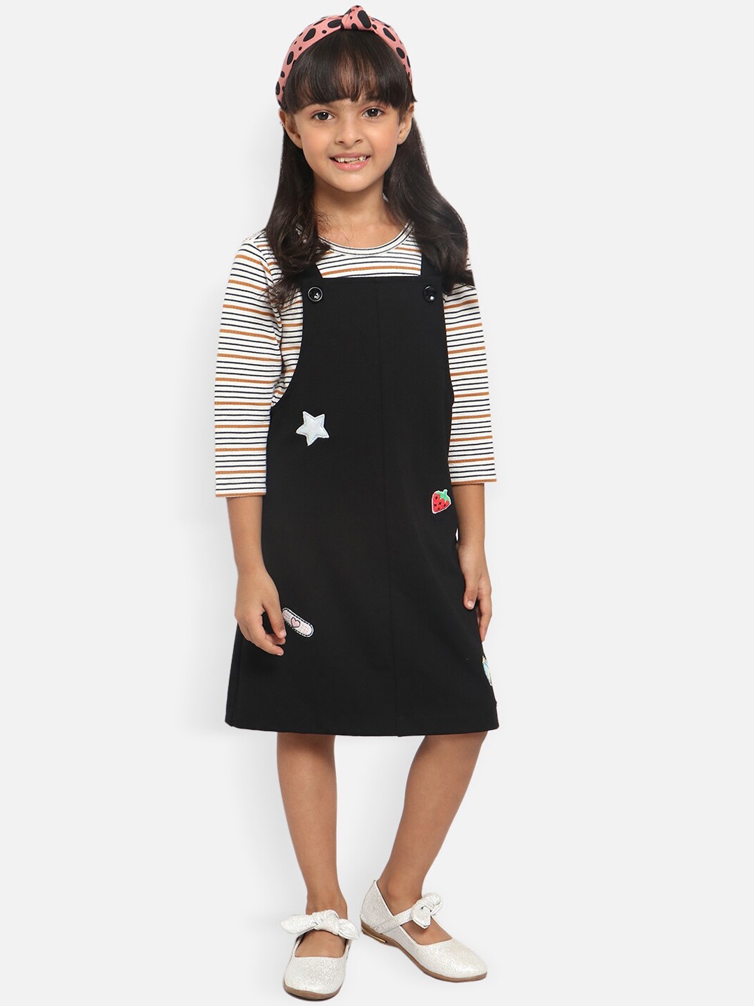 

Nauti Nati Girls Black Solid Dungaree With Striped T-Shirt