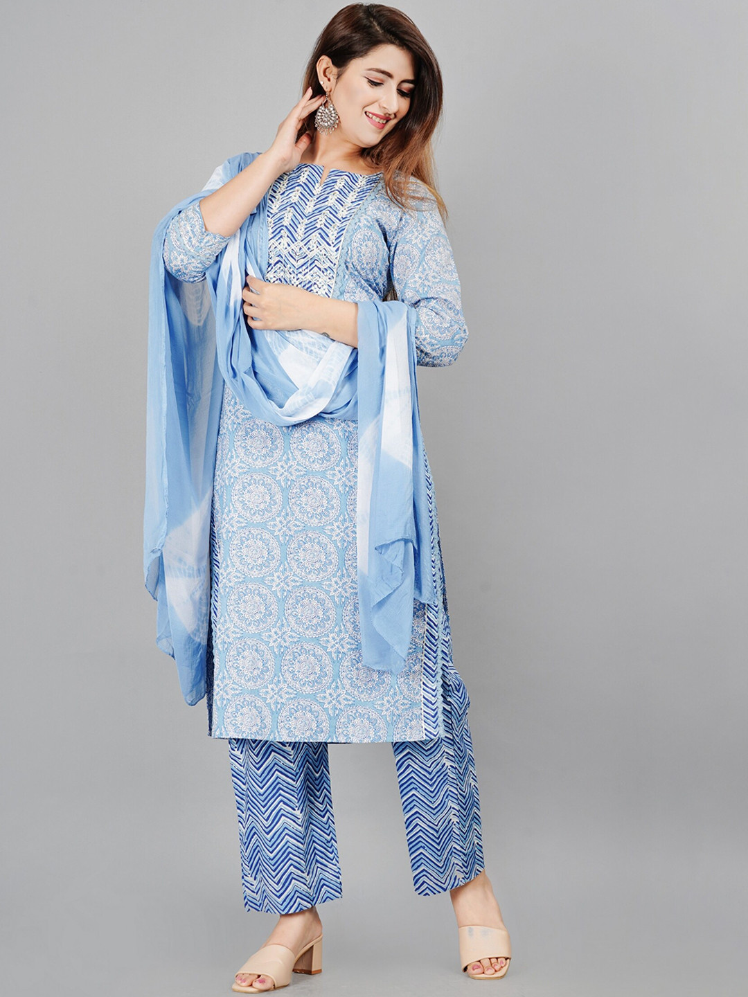 

EtnicaWear Women Blue Ethnic Motifs Printed Chikankari Pure Cotton Kurta with Trousers & With Dupatta