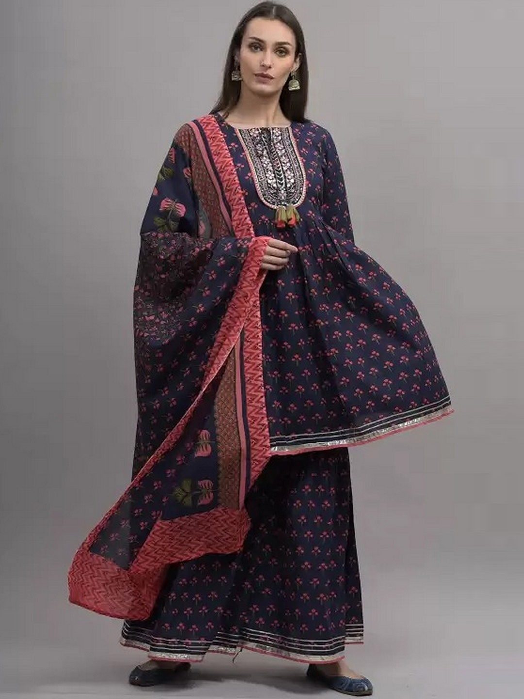 

EtnicaWear Women Blue Printed Aari Work Pure Cotton Kurti With Skirt & Dupatta