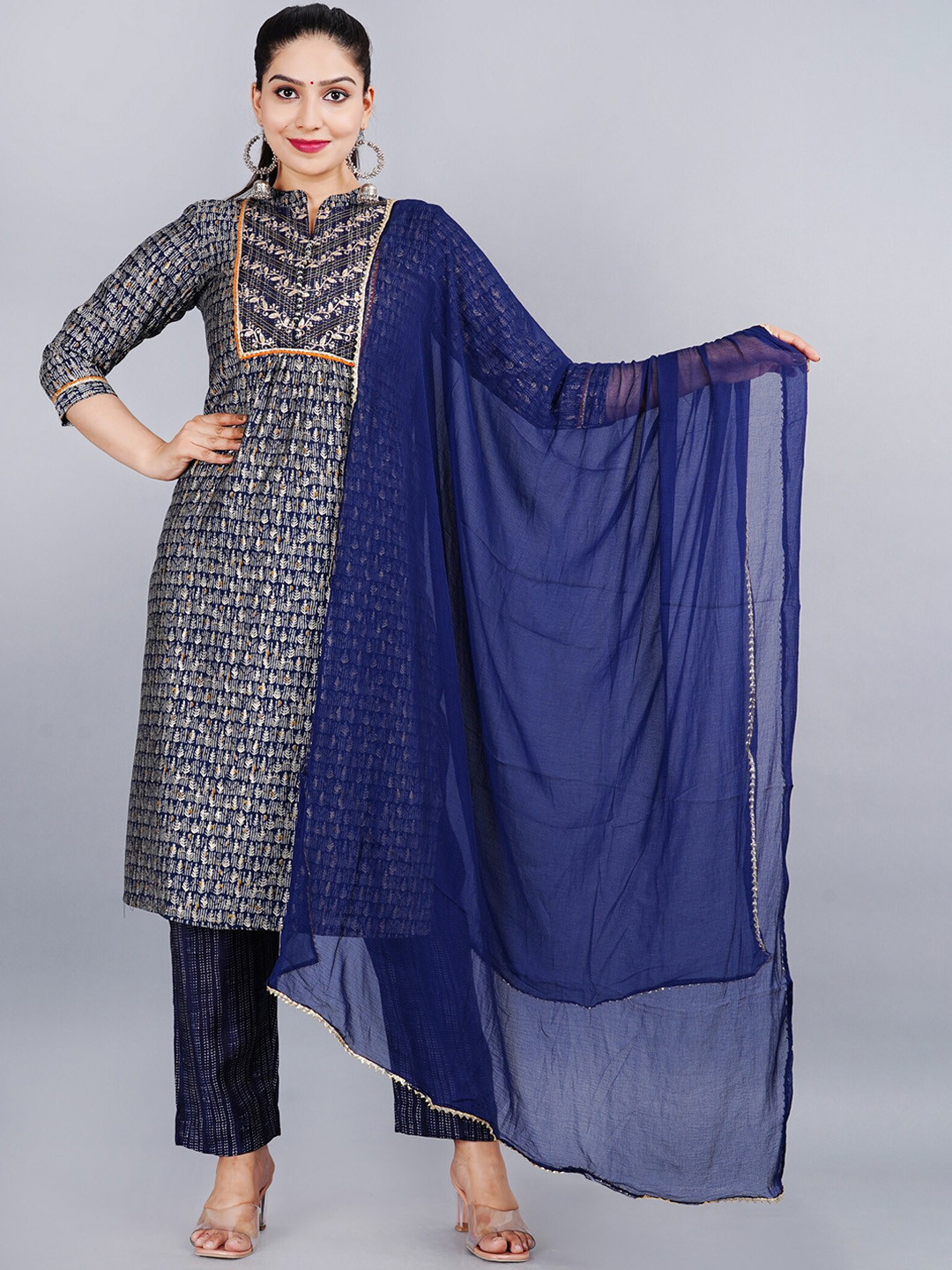 

EtnicaWear Women Blue Ethnic Motifs Printed Thread Work Pure Cotton Kurta with Trousers & With Dupatta