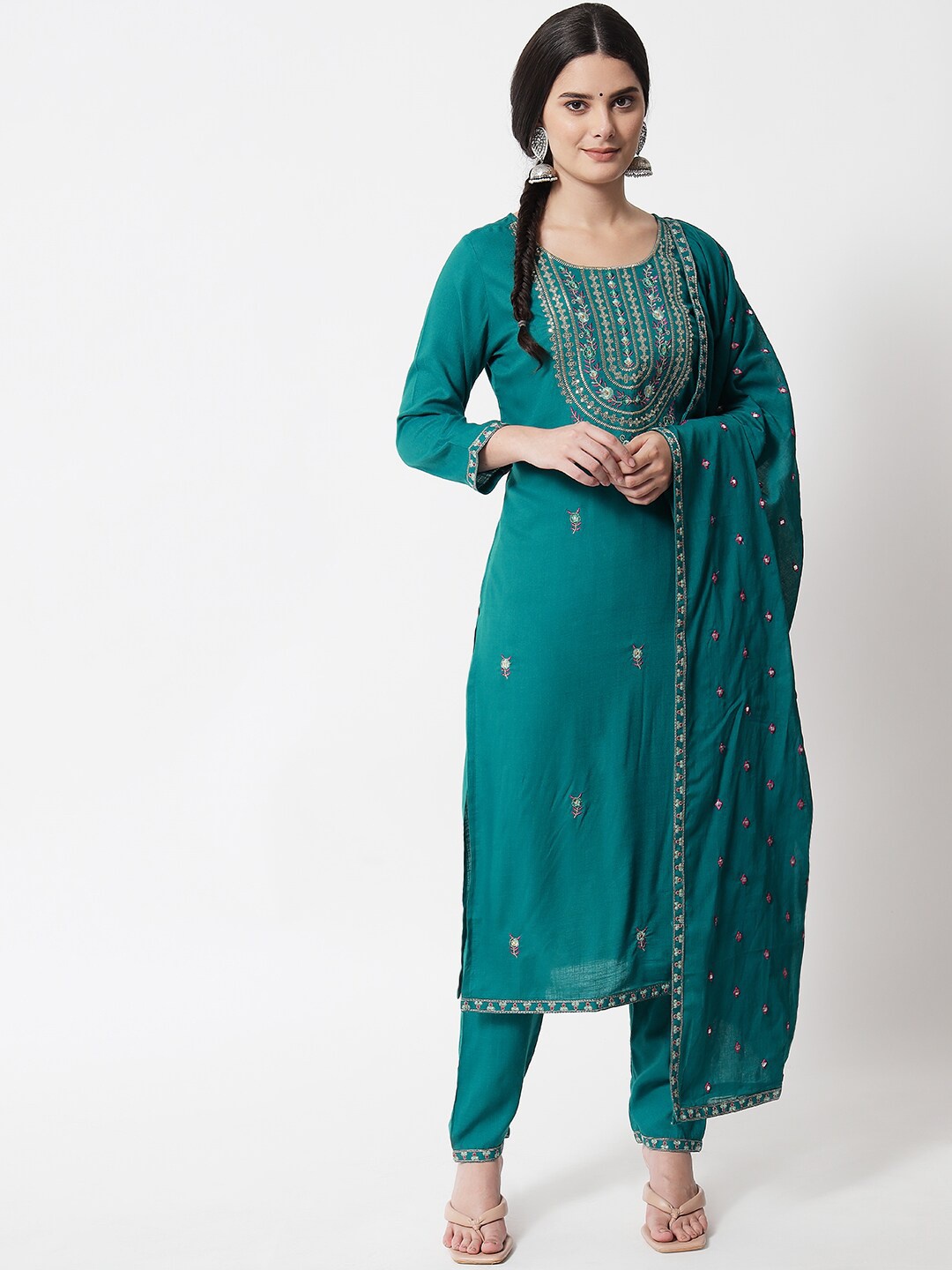

IkDaiya Women Turquoise Blue Yoke Embroidered Kurta With Trousers & Dupatta