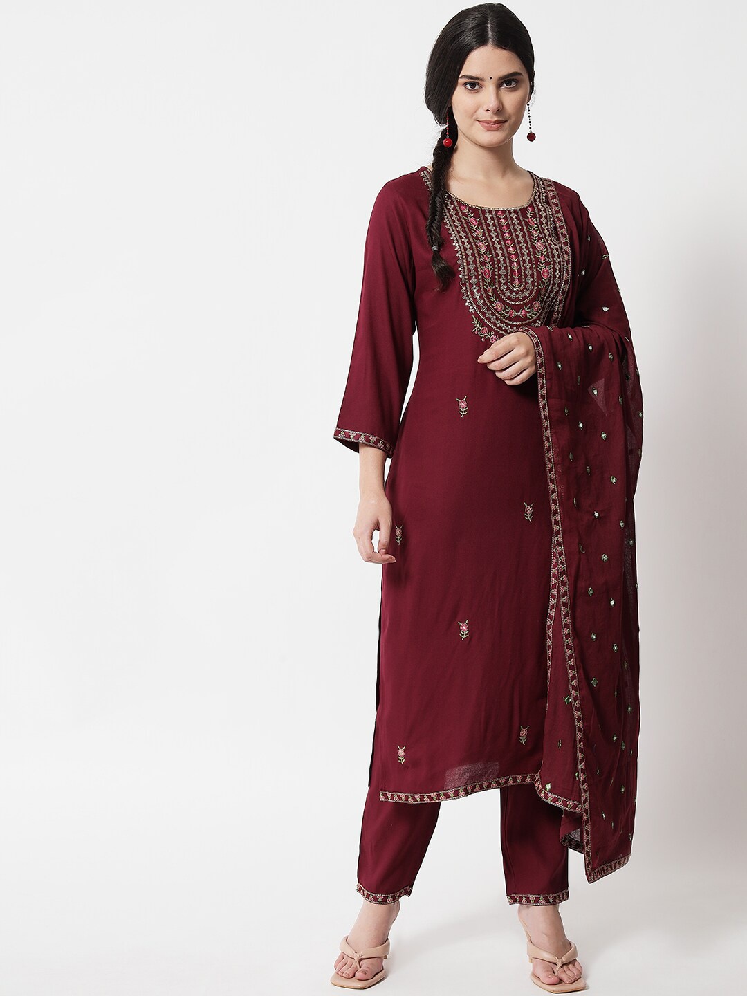 

IkDaiya Women Brown Floral Embroidered Kurta with Trousers & Dupatta