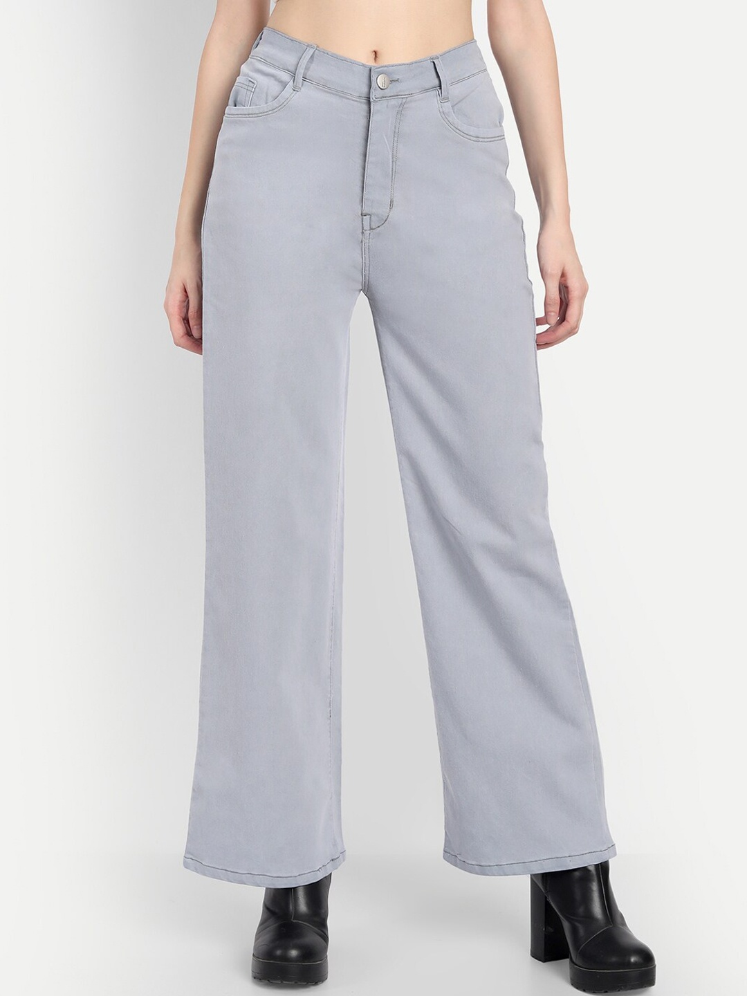 

BROADSTAR Women Grey Wide Leg High-Rise Stretchable Jeans