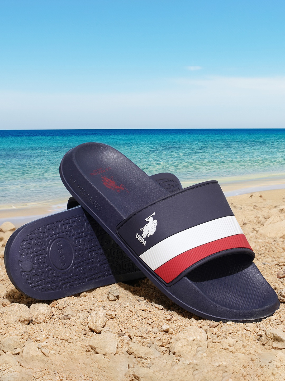 

U.S. Polo Assn. Men Striped Sliders, Navy blue