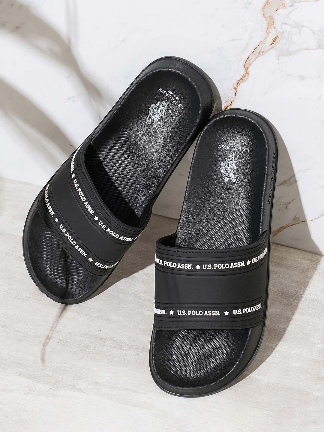 U.S. Polo Assn. Men Brand Logo Printed Sliders, Black