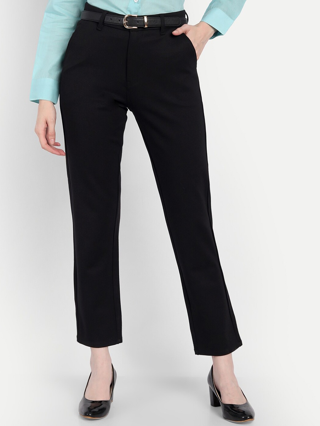 

Next One Women Black Relaxed Straight Leg Loose Fit High-Rise Easy Wash Trousers