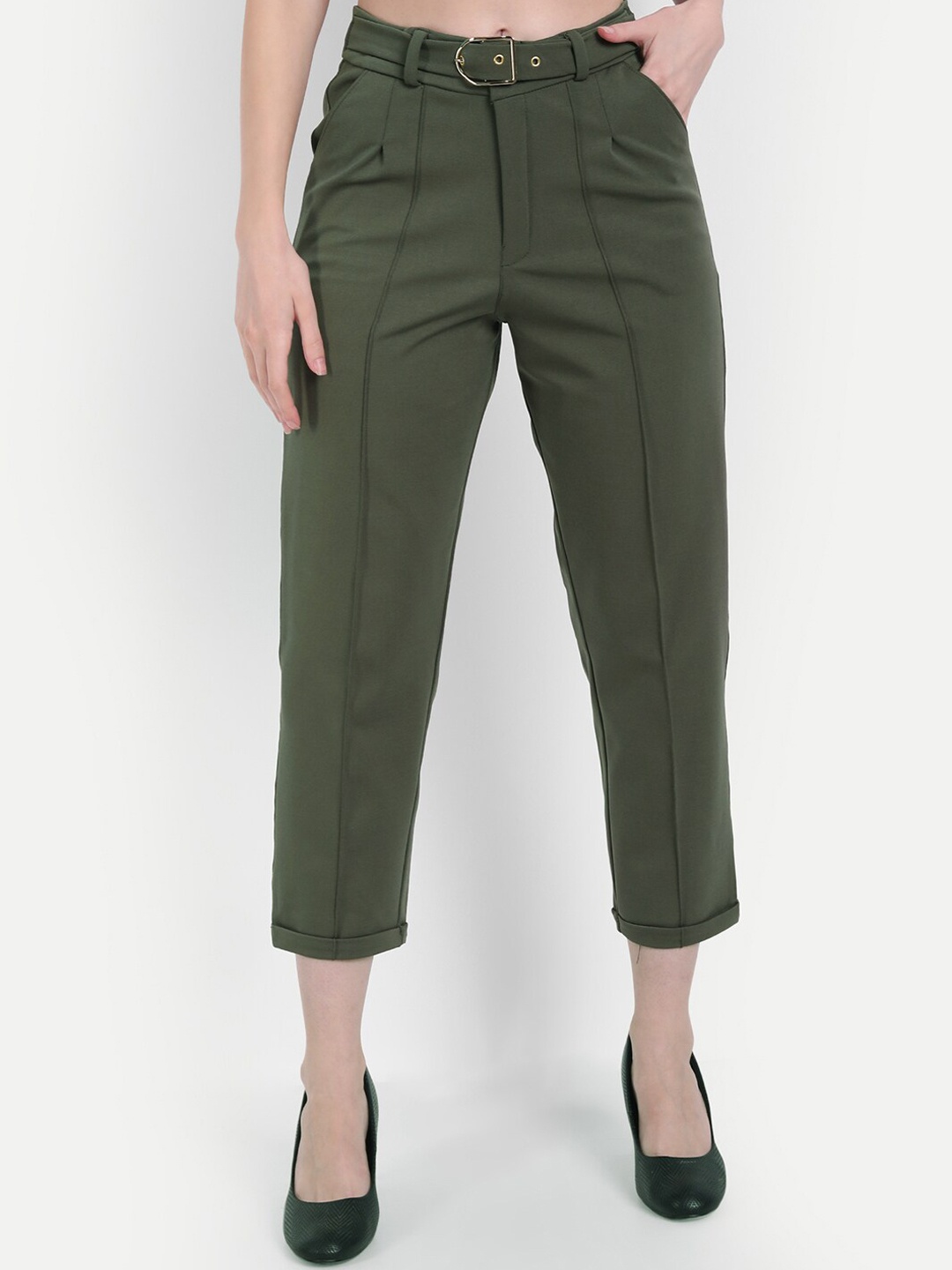 

Next One Women Green Straight Leg Loose Fit Pleated Trousers