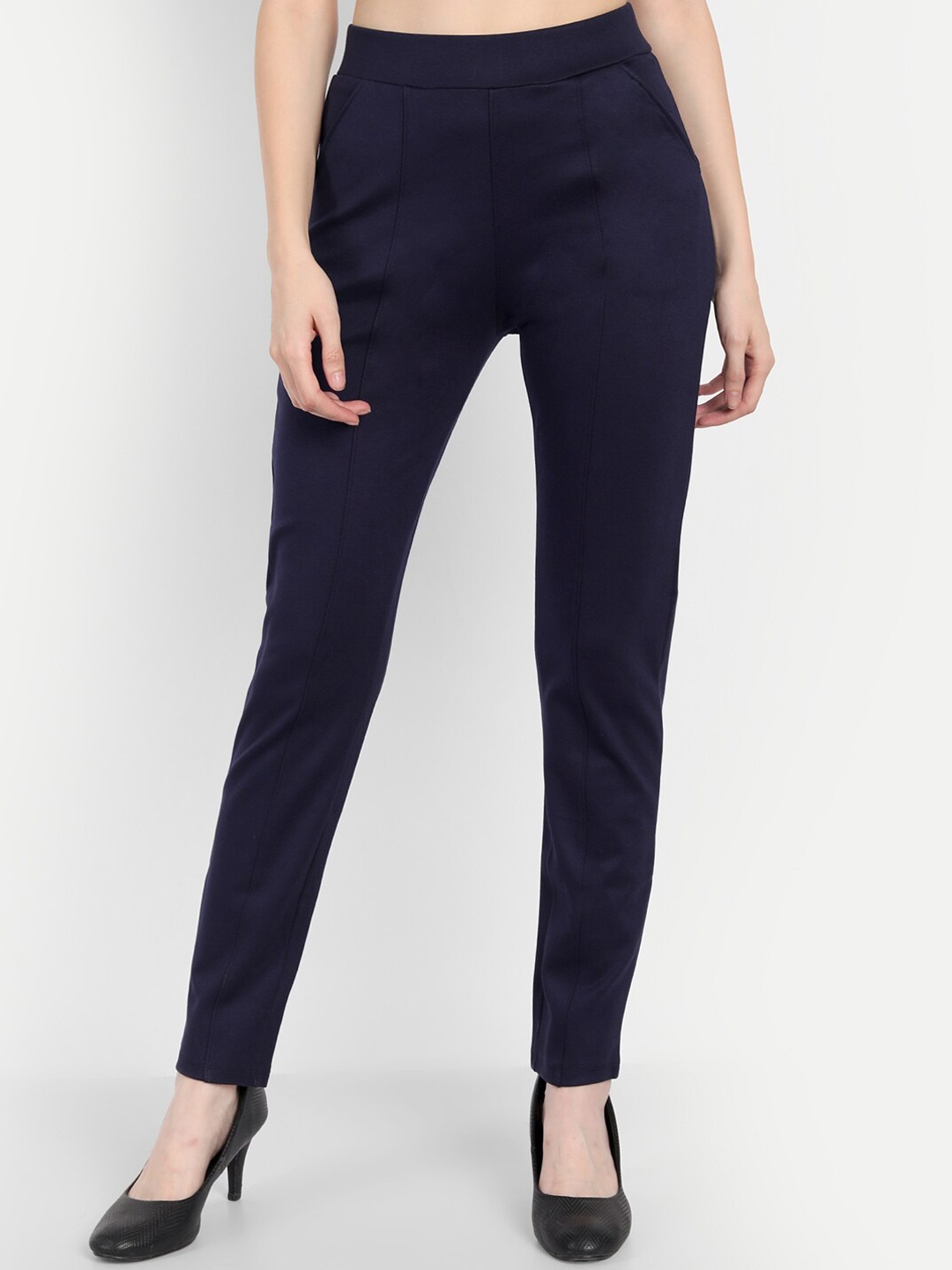 

Next One Women Navy Blue Comfort Slim Fit High-Rise Easy Wash Pleated Trousers