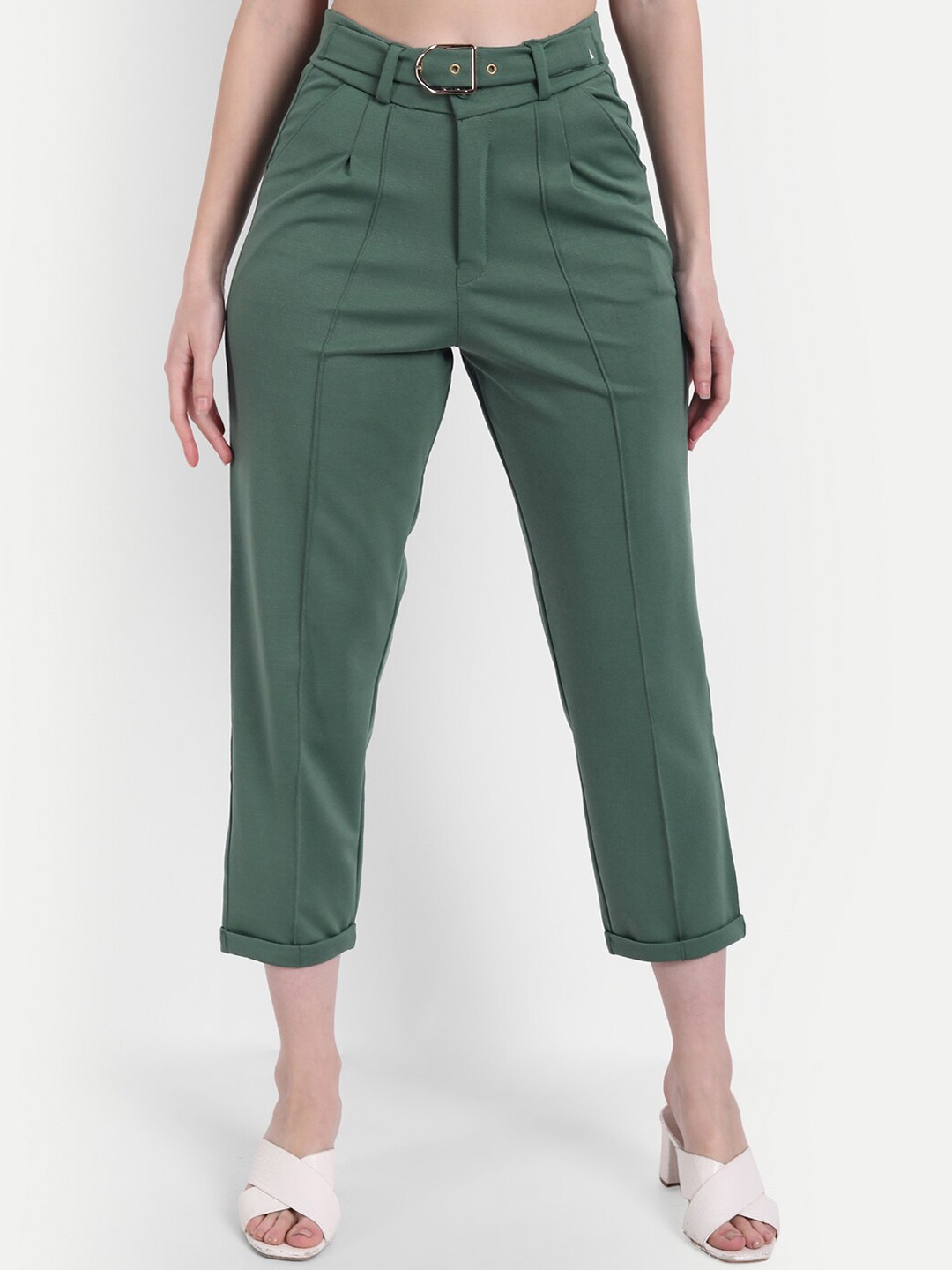 

Next One Women Green Relaxed Straight Leg Loose Fit High-Rise Easy Wash Pleated Trousers