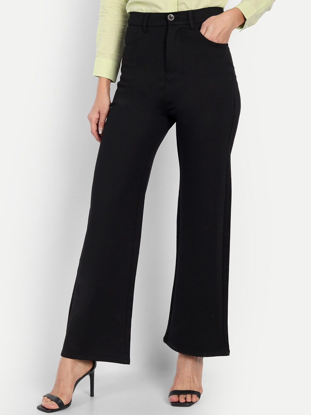 

Next One Women Black Relaxed Straight Leg Loose Fit High-Rise Easy Wash Trousers