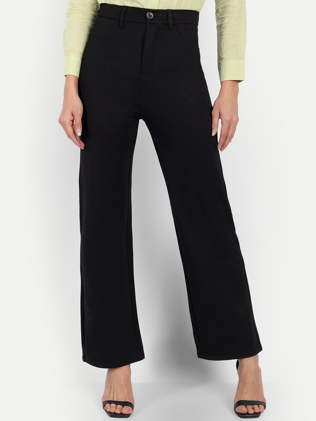 

Next One Women Black Relaxed Straight Leg Loose Fit High-Rise Easy Wash Trousers