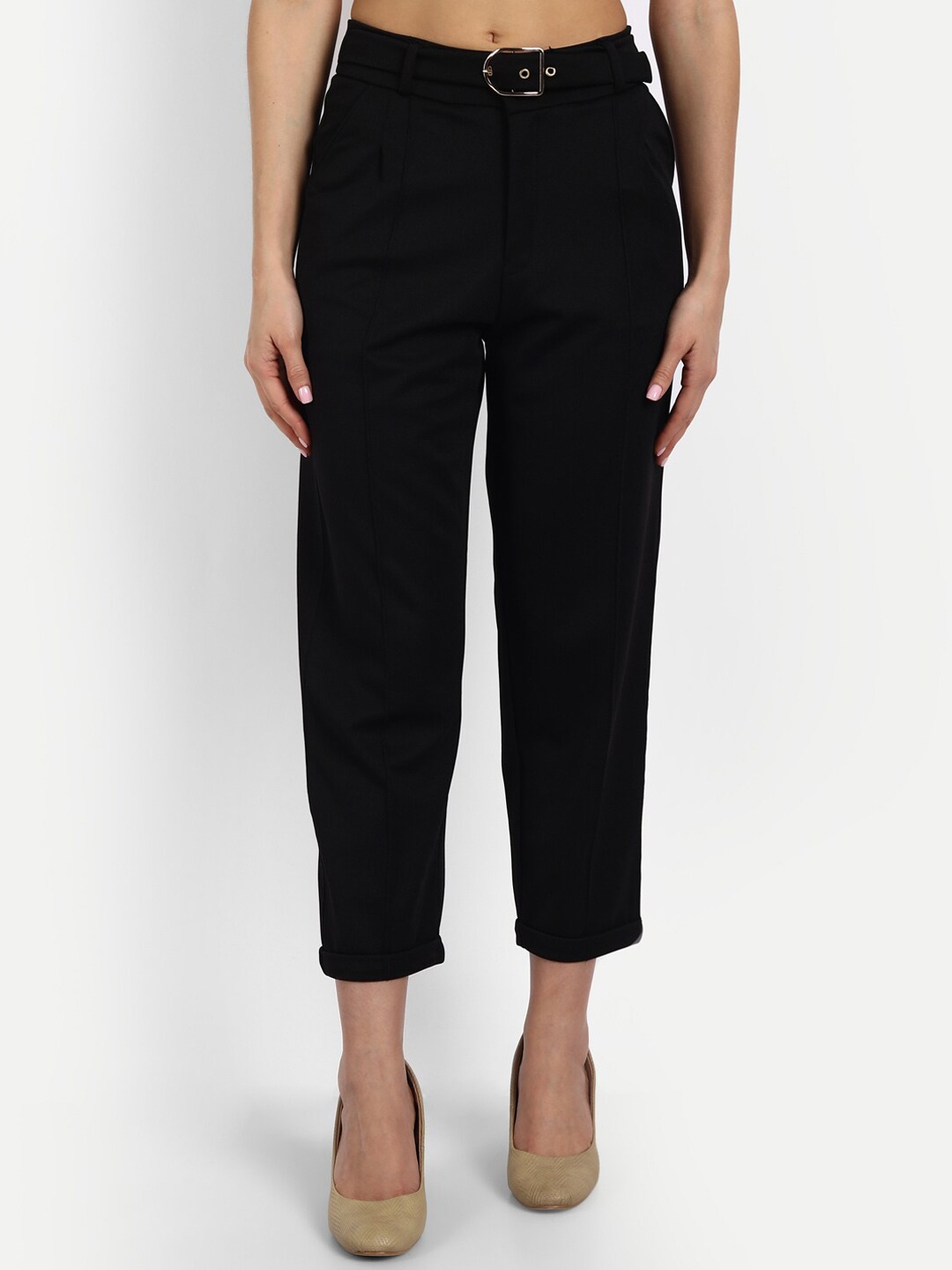 

Next One Women Black Relaxed Straight Leg Loose Fit High-Rise Easy Wash Trousers